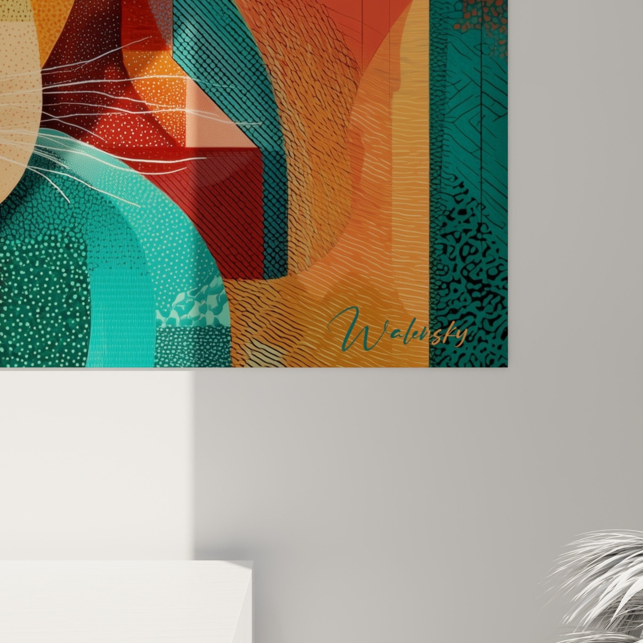 Vue ensemble tableau lion géométrique multicolore décoration murale art contemporain