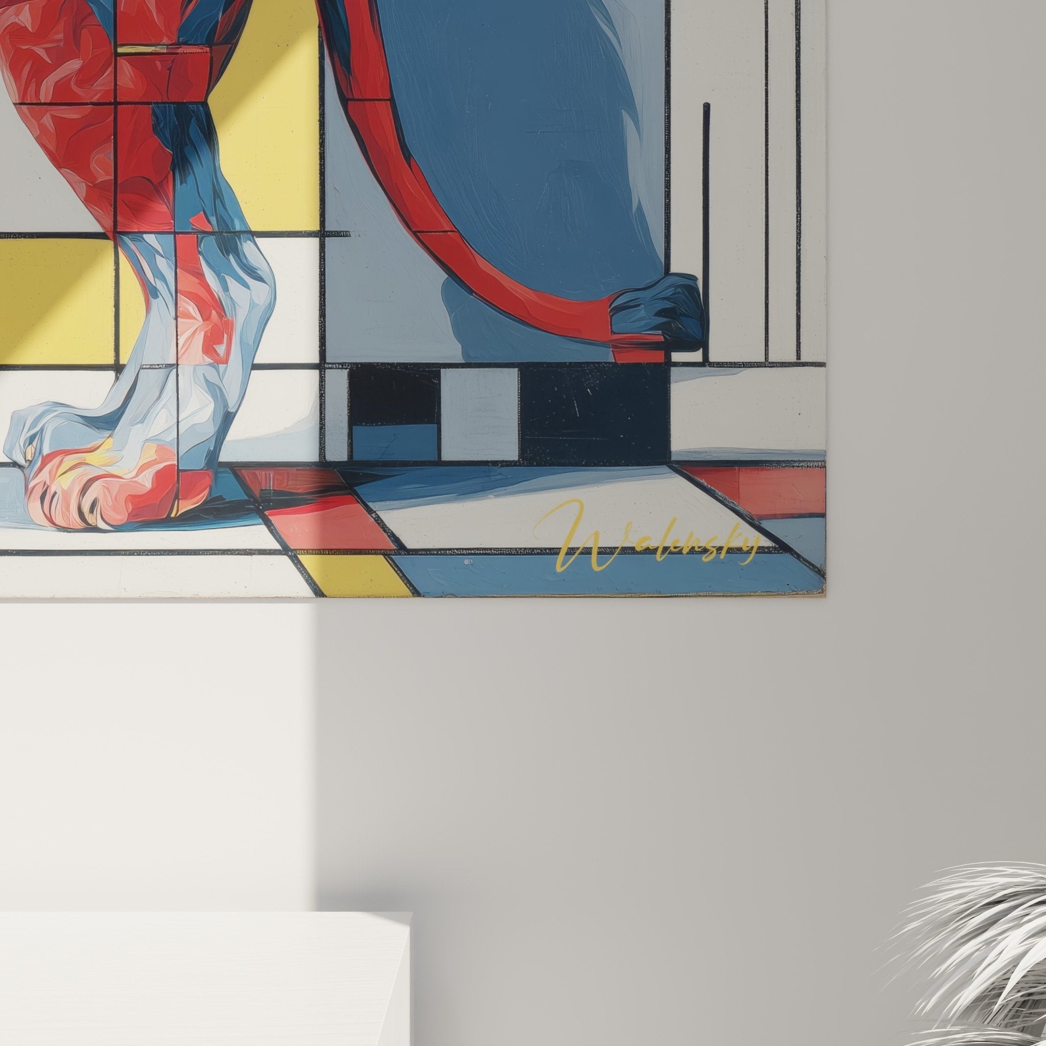 Vue ensemble tableau lion geometrique multicolore decoration interieur moderne salon