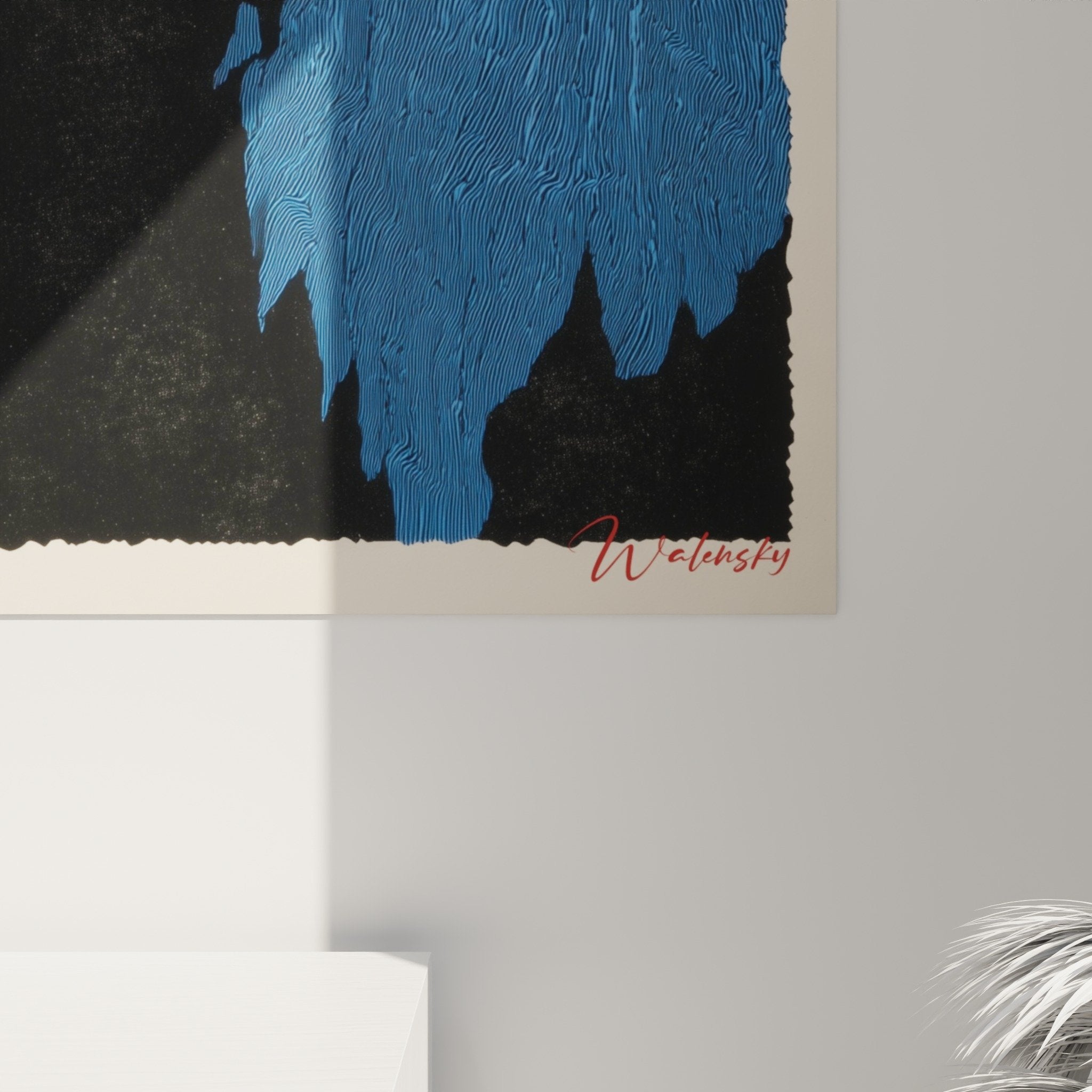 Vista d'insieme quadro leone multicolore decorazione interni moderni arte contemporanea blu rosso