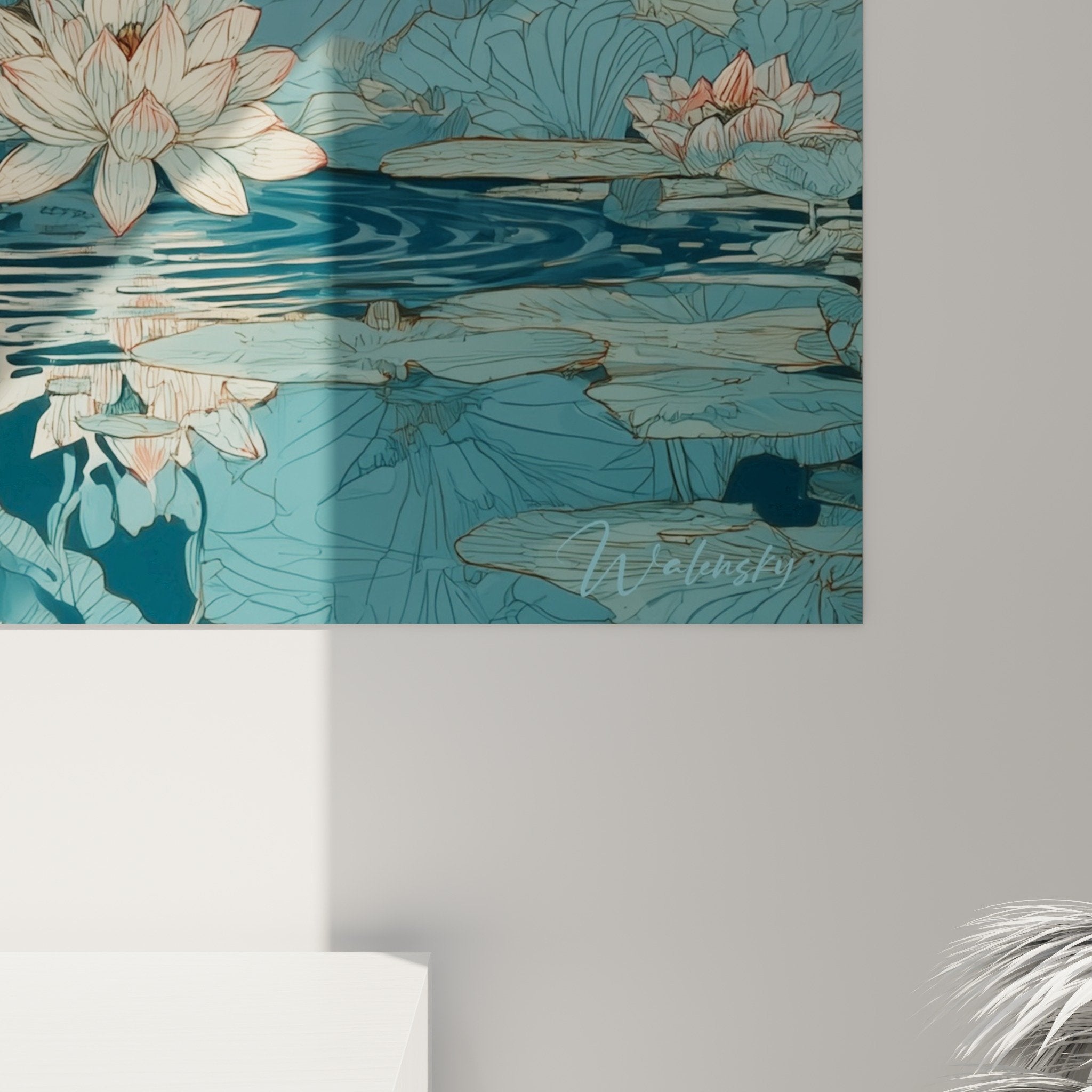 Overall view lion painting water lilies blue zen living room decoration golden turquoise nature tones