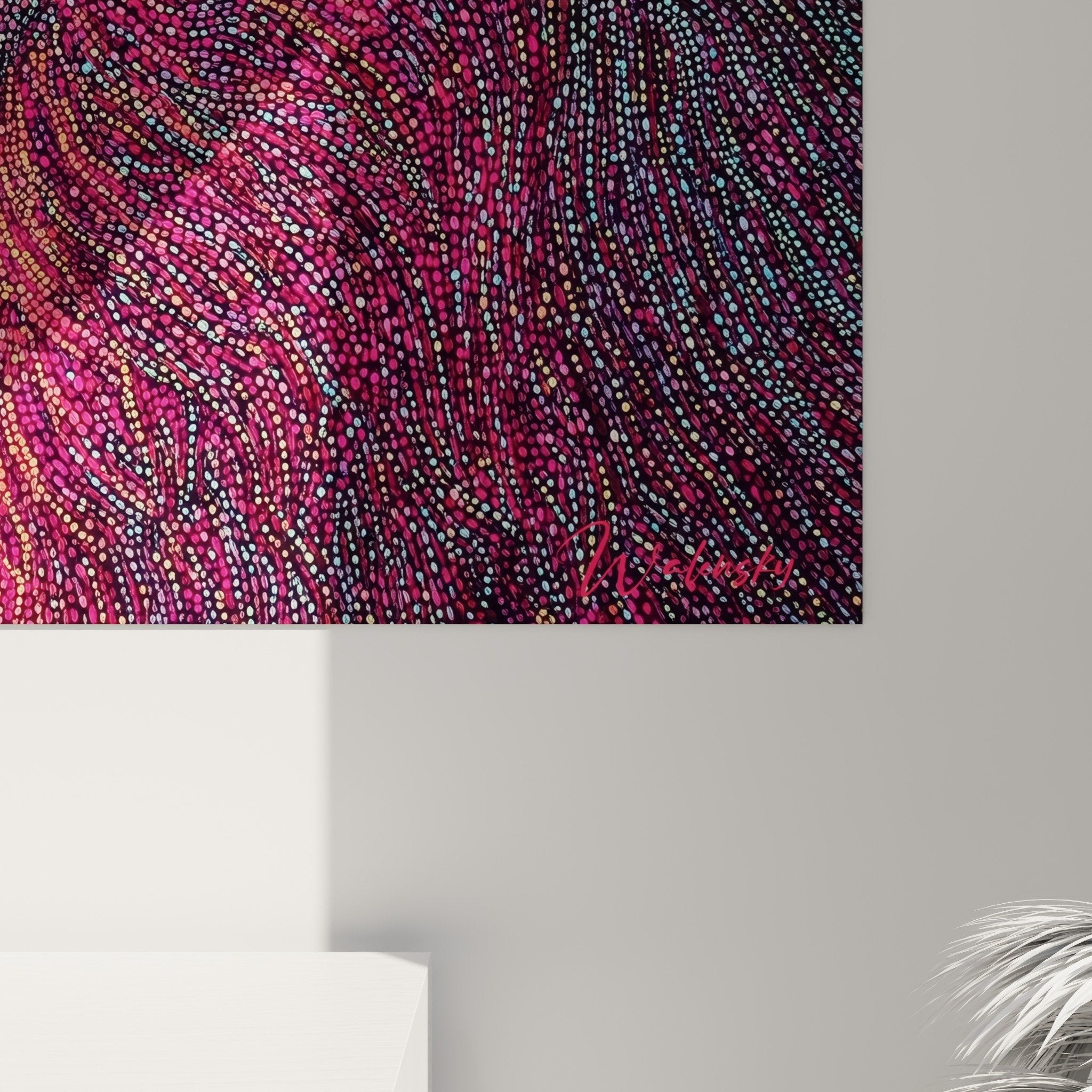 Gesamtansicht Löwe-Mosaik-Gemälde Pointillist-Wanddekoration modernes zeitgenössisches Kunstwerk lebendige Farben Wohnzimmer