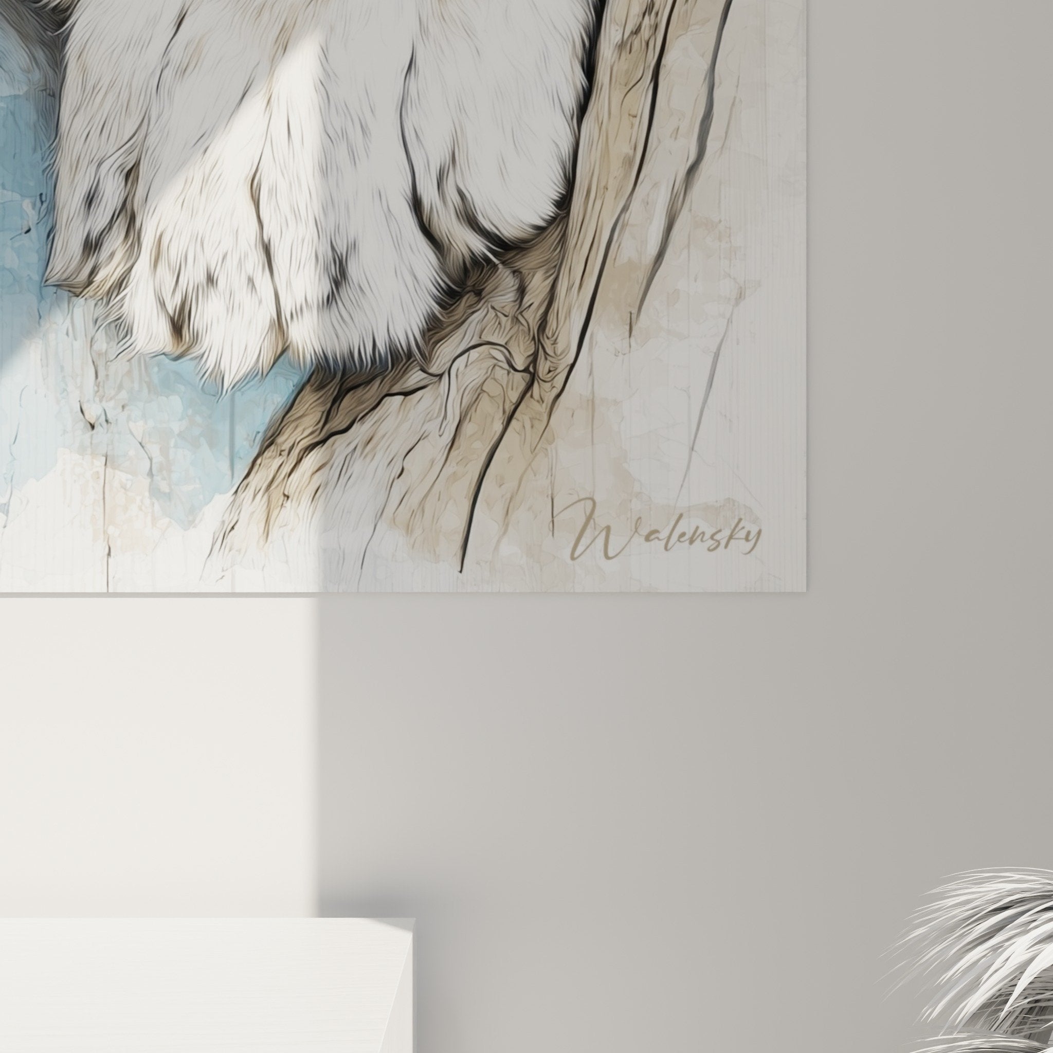 Vue ensemble tableau lion repos aquarelle bleue decoration interieur moderne
