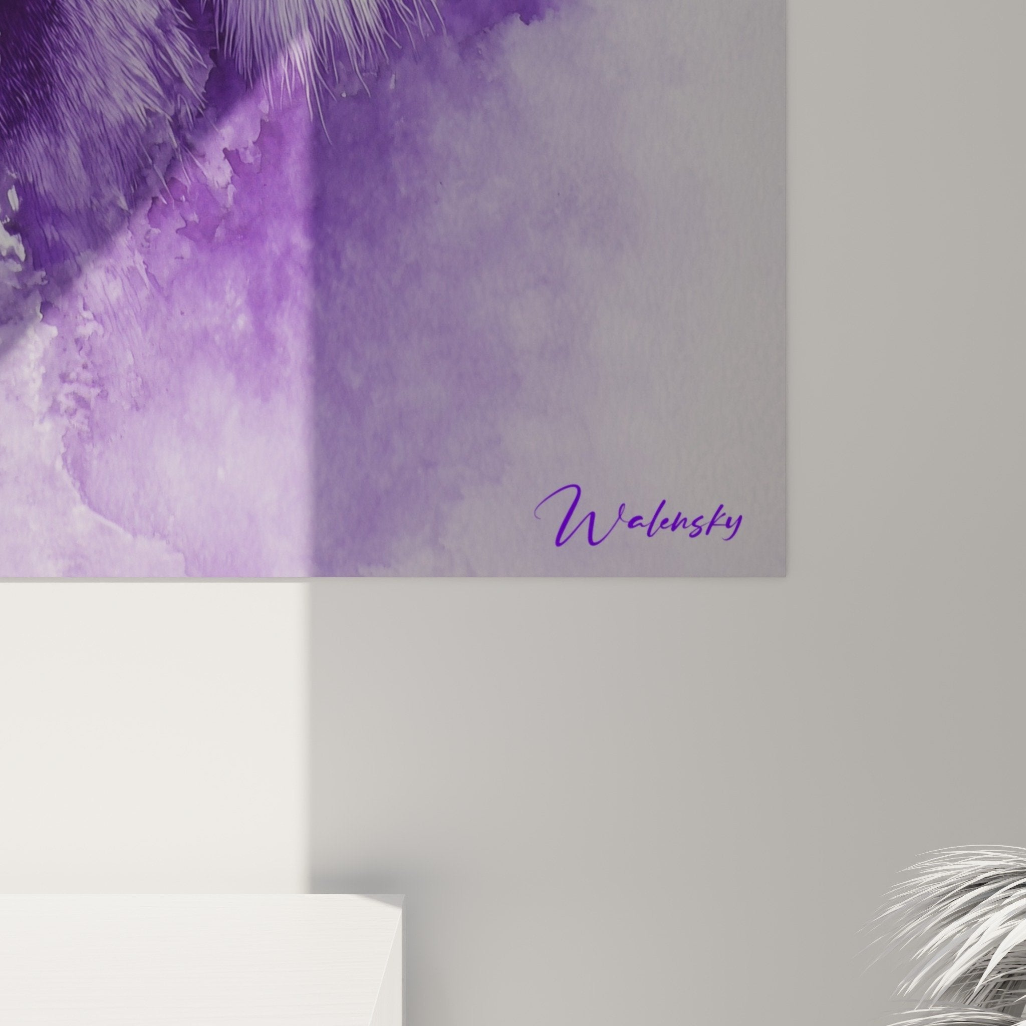 Vue ensemble tableau lion violet aquarelle décoration murale salon moderne
