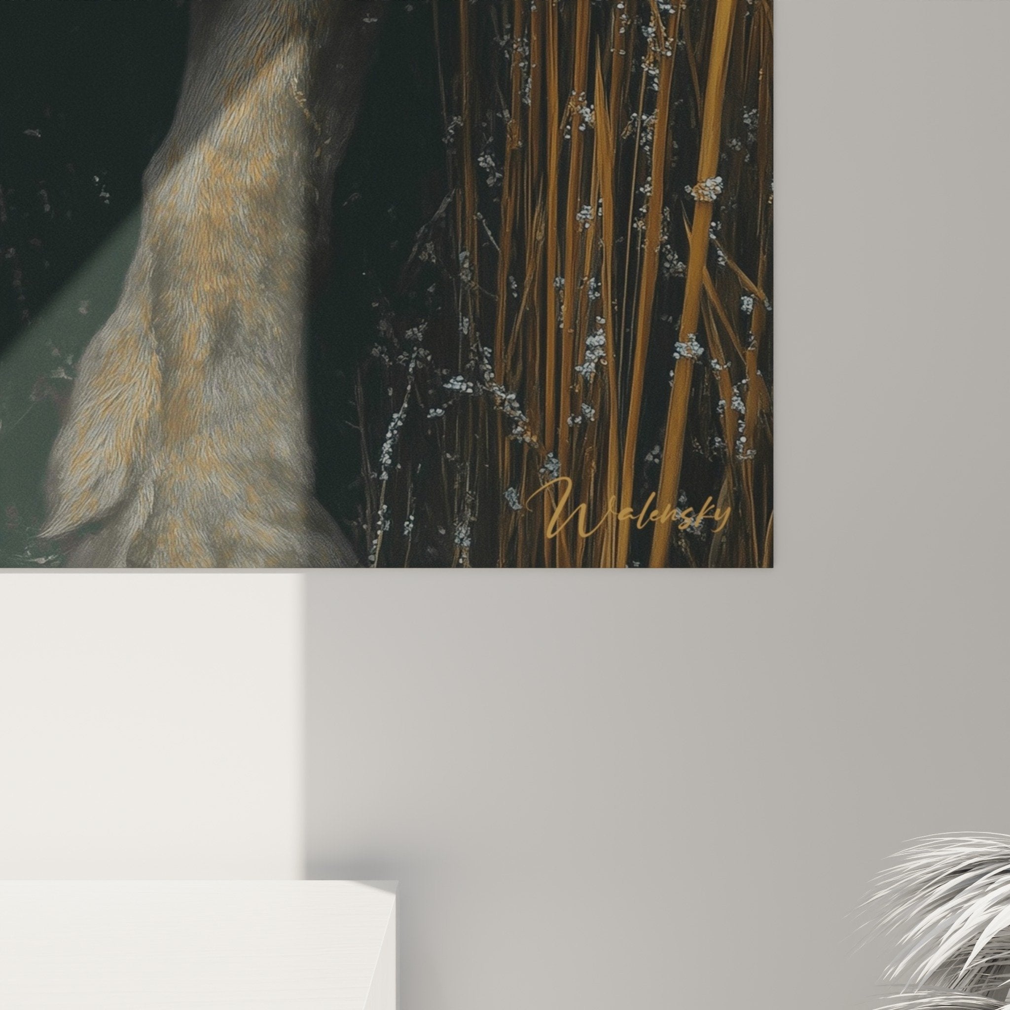 Overall view of lioness painting in golden grass - Realistic African wildlife wall decoration