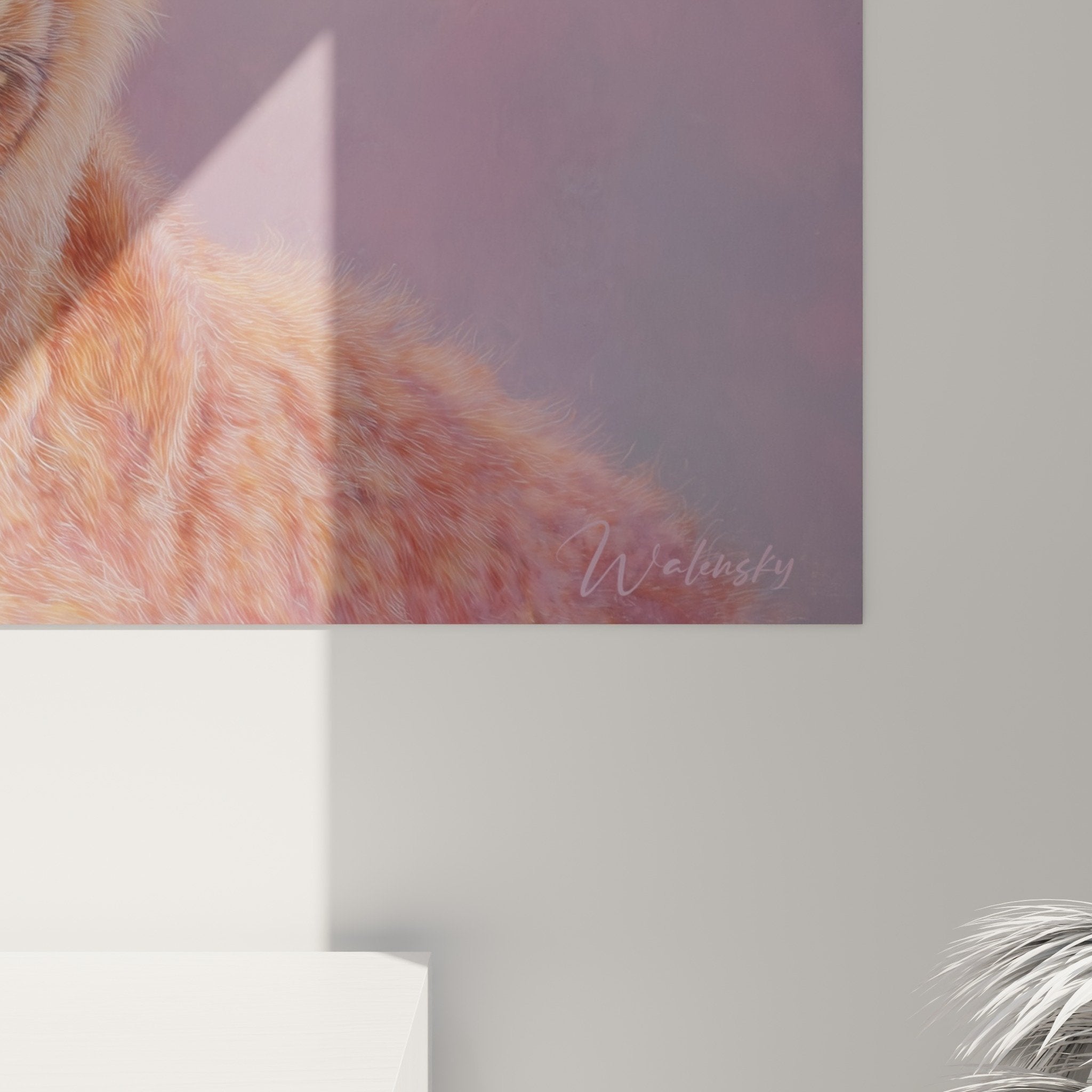 Vista d'insieme quadro leoni color rame in salotto moderno con toni neutri, decorazione murale accogliente