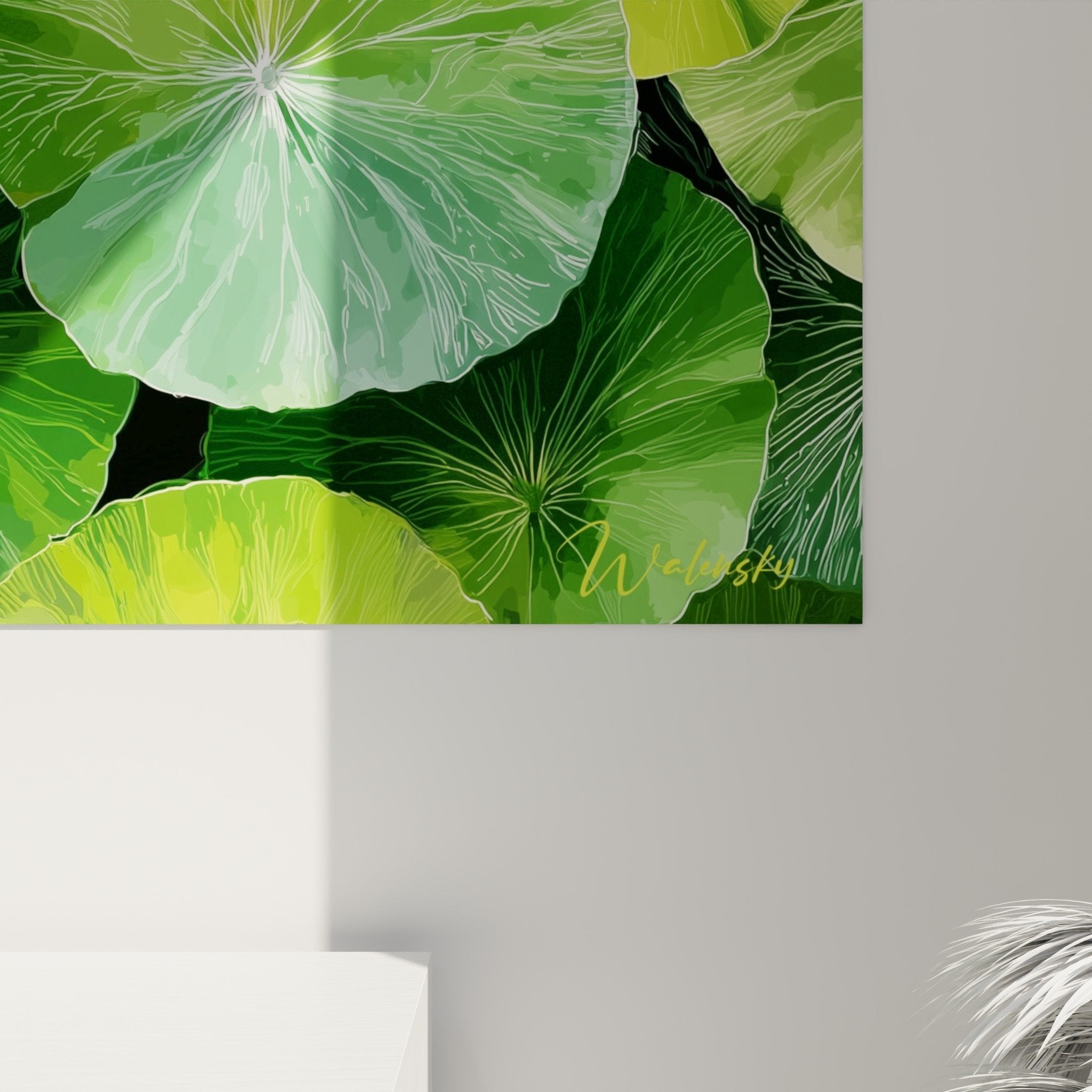 Gesamtansicht grünes Lotus-Kunstwerk Wanddekoration Wassergarten Innenzengarten Seerose