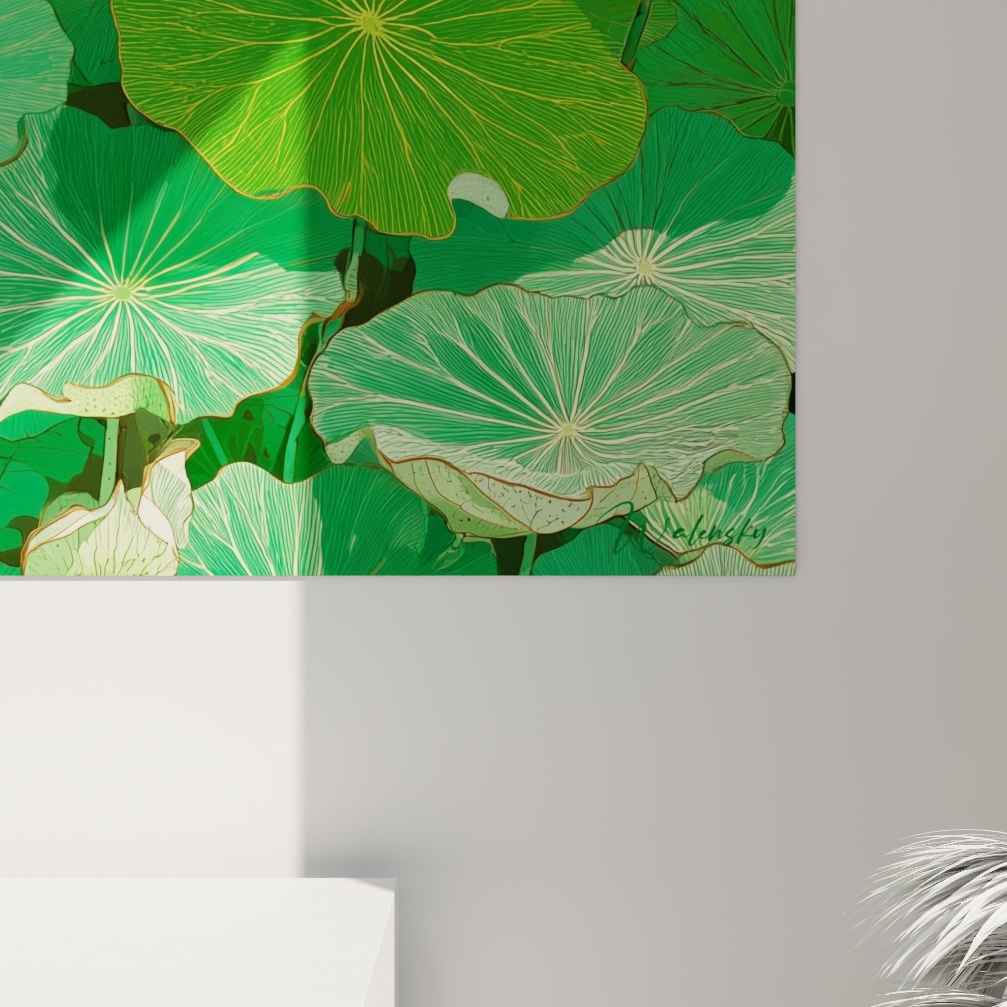 Vue ensemble tableau feuilles lotus vertes tons jade emeraude veines or decoration murale nature apaisante