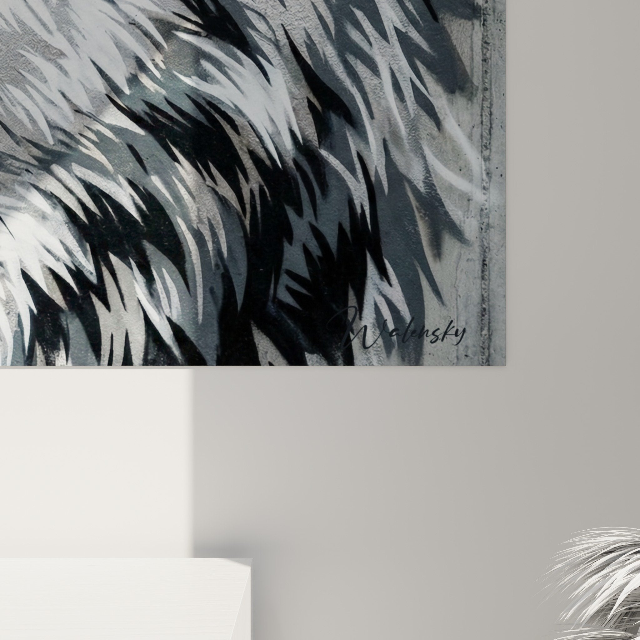 Vue ensemble tableau loup gris street art pochoir decoration interieur