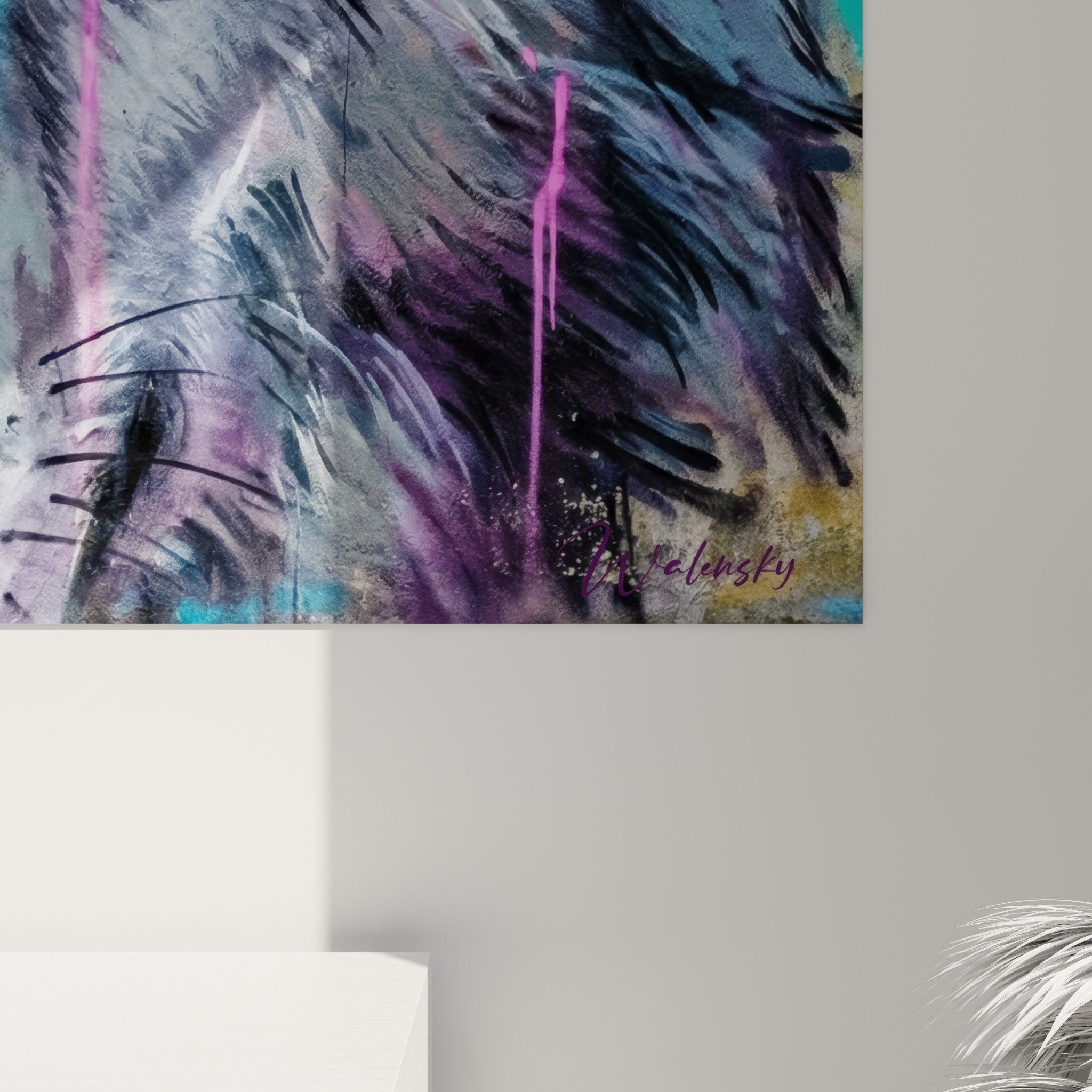 Gesamtansicht Wolf-Gemälde Street Art Neon violette türkise Farbläufe moderne Wanddekoration urbane zeitgenössische Kunst