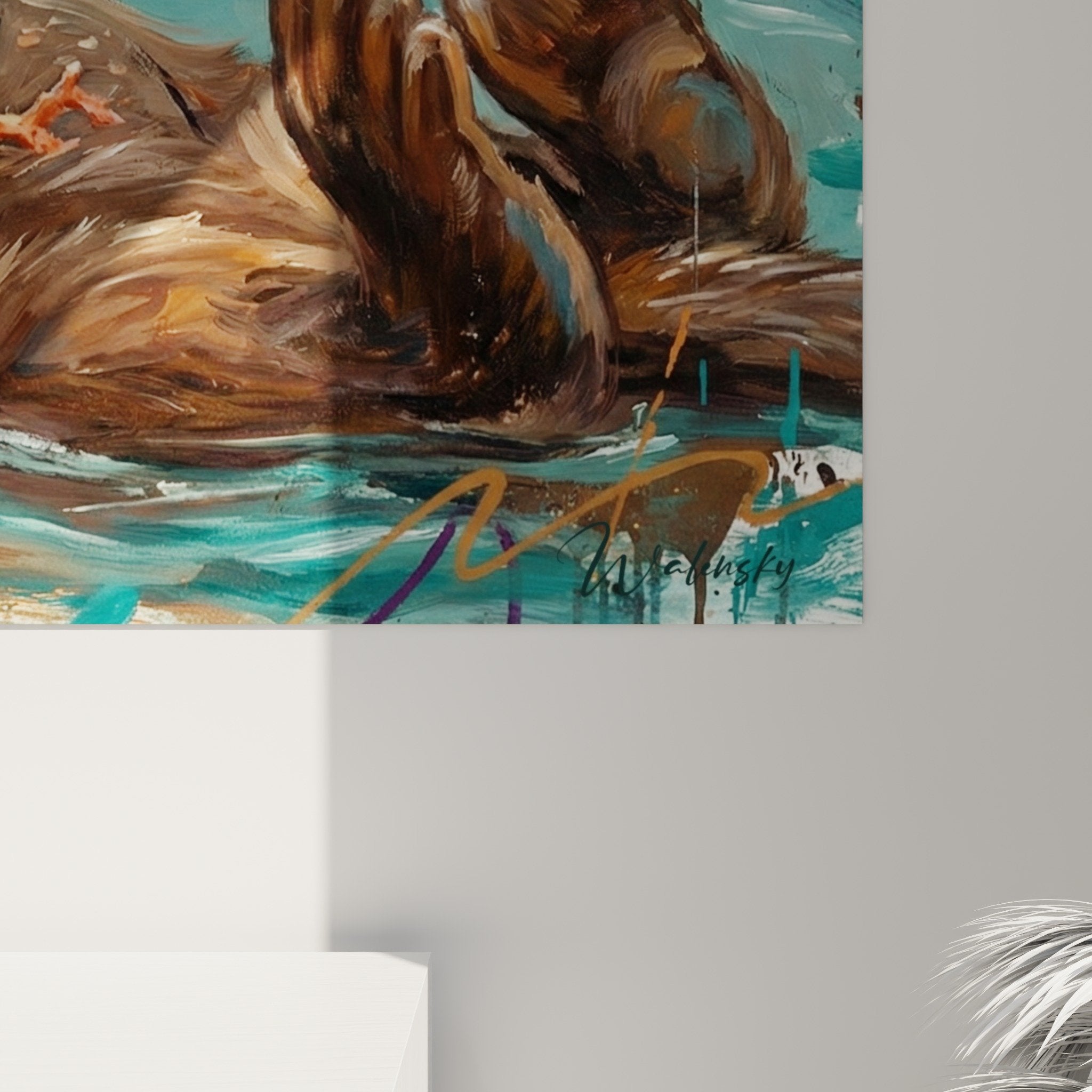 Vue ensemble tableau loutre marine oursin composition turquoise orange decoration murale art aquatique