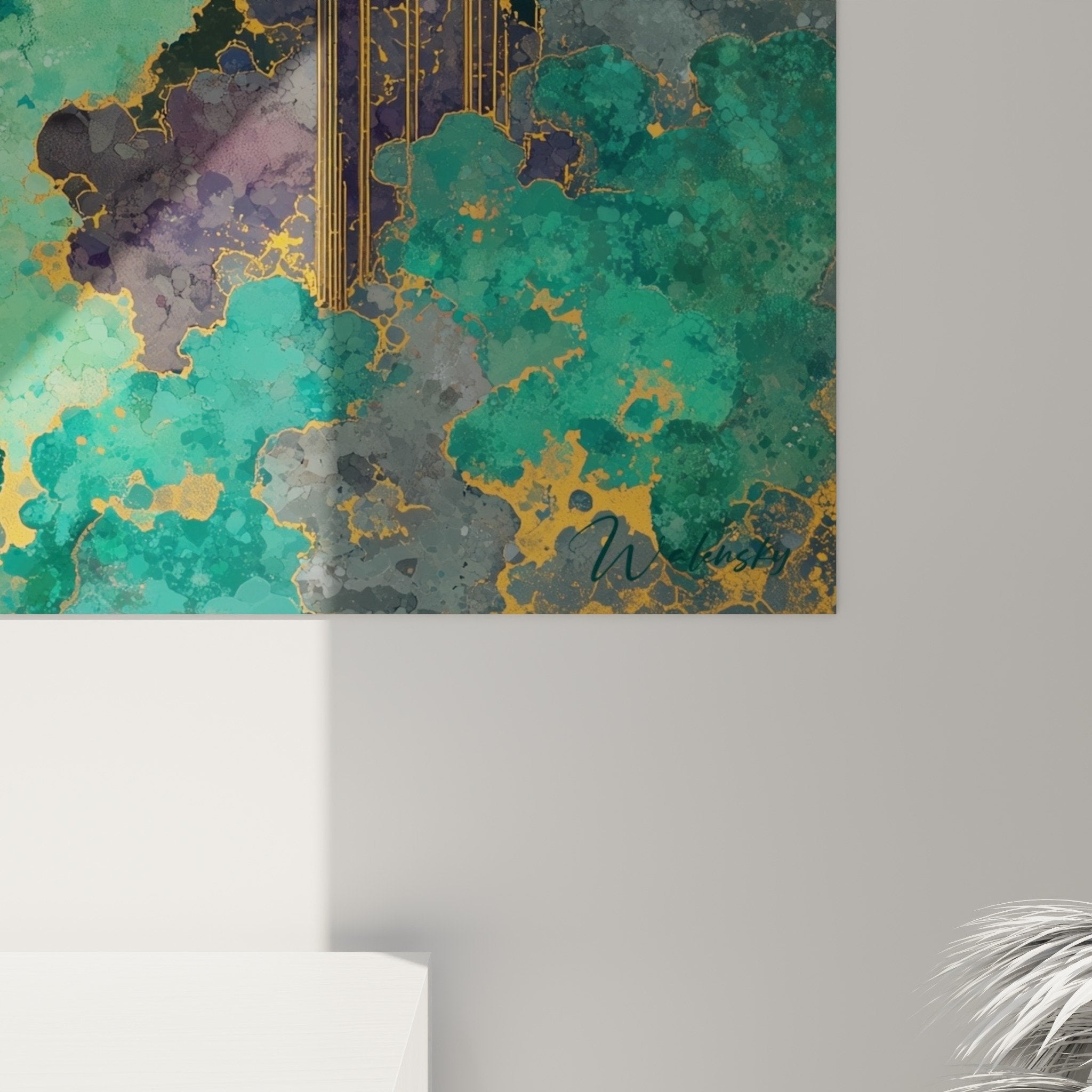 Vue ensemble tableau lune doree foret turquoise salon deco murale feng shui sud-est bois nature abstrait