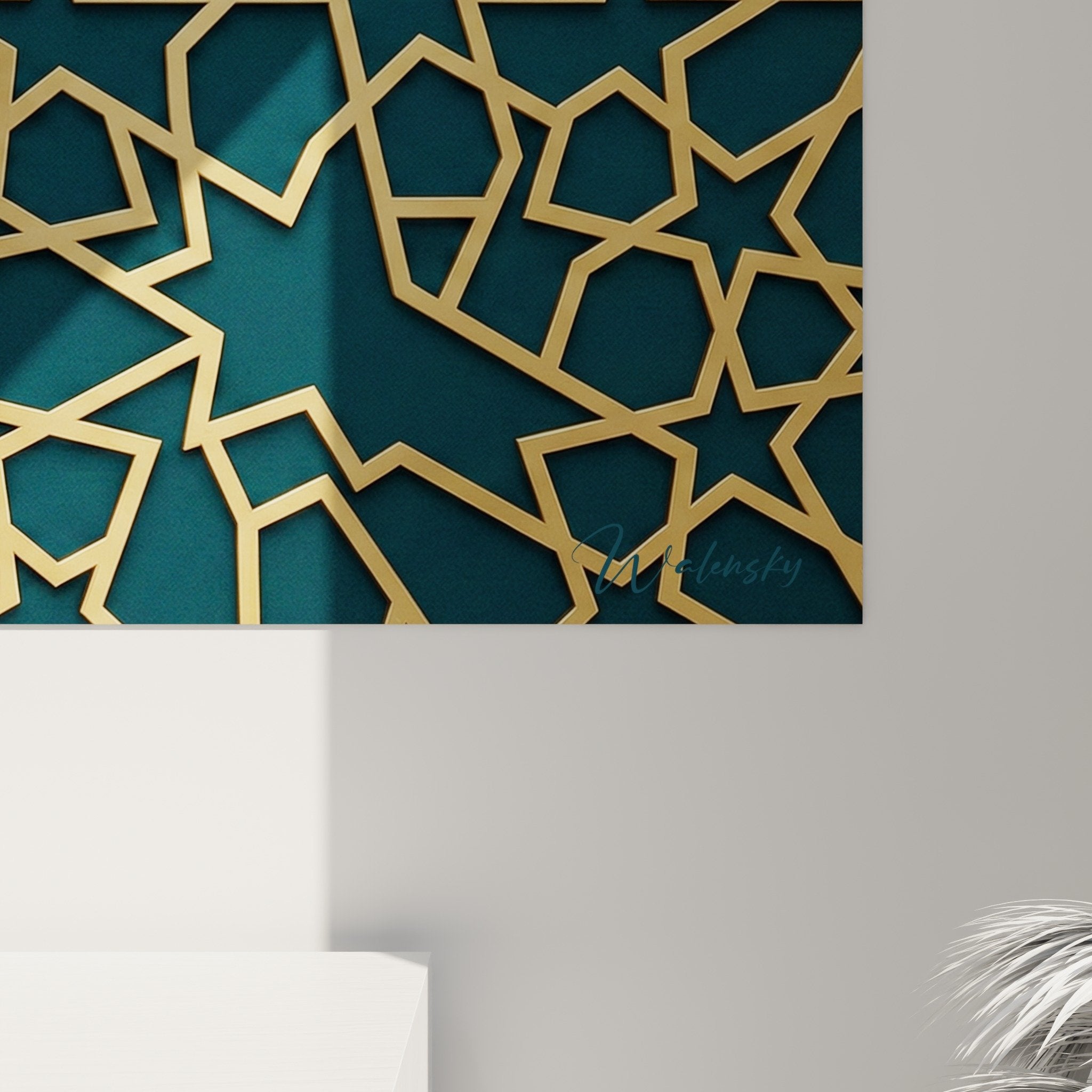 Vue ensemble tableau mandala geometrique dore bleu decoration interieure style oriental
