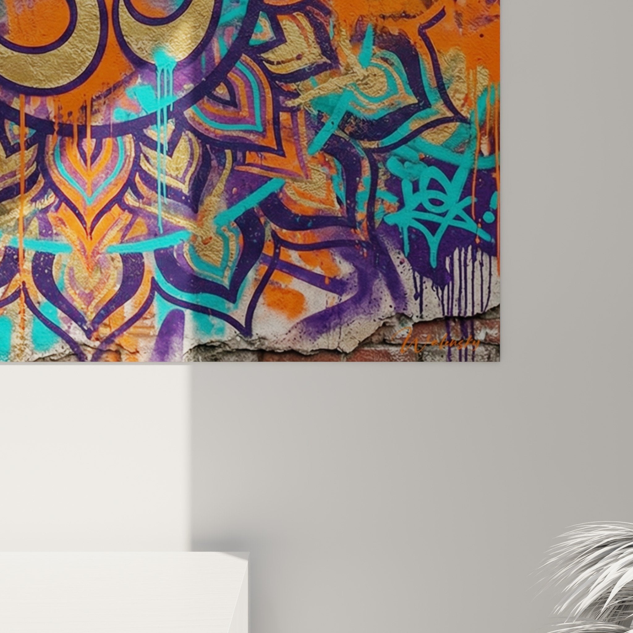 Vue ensemble tableau mandala om spirituel déco murale moderne art urbain couleurs vives turquoise orange