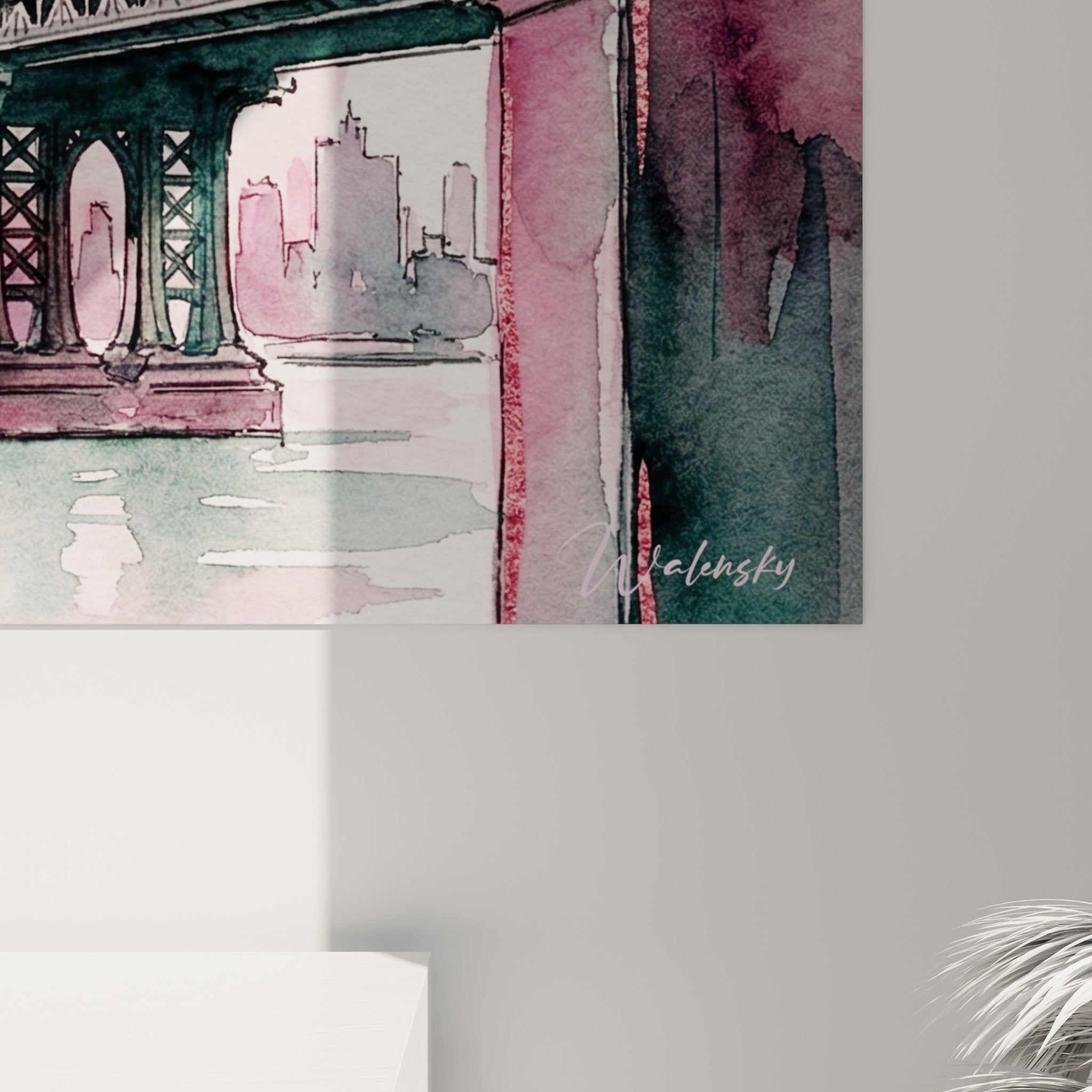 Vue ensemble tableau Manhattan aquarelle romantique couple pont gratte-ciels roses déco intérieur