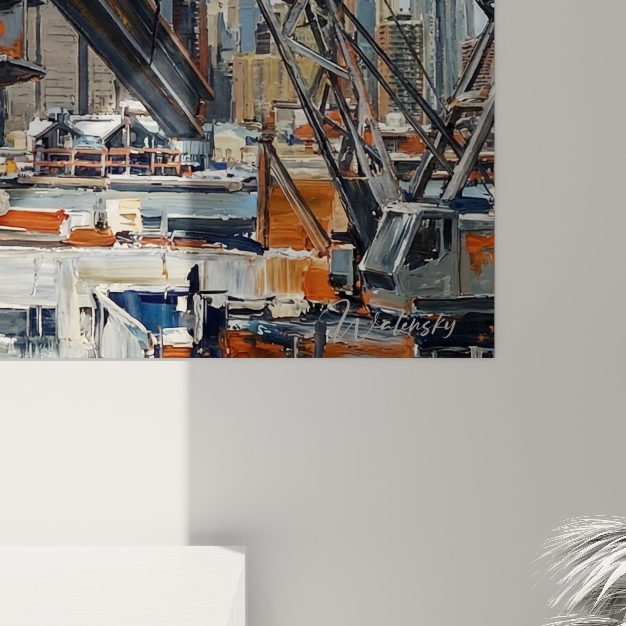 Vue ensemble tableau Manhattan chantier urbain grues skyline décoration murale industrielle