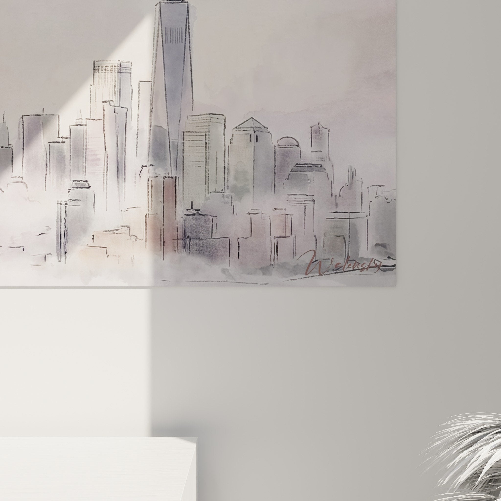 Vue ensemble tableau horizon Manhattan brumeux salon moderne decoration murale panoramique tons neutres roses