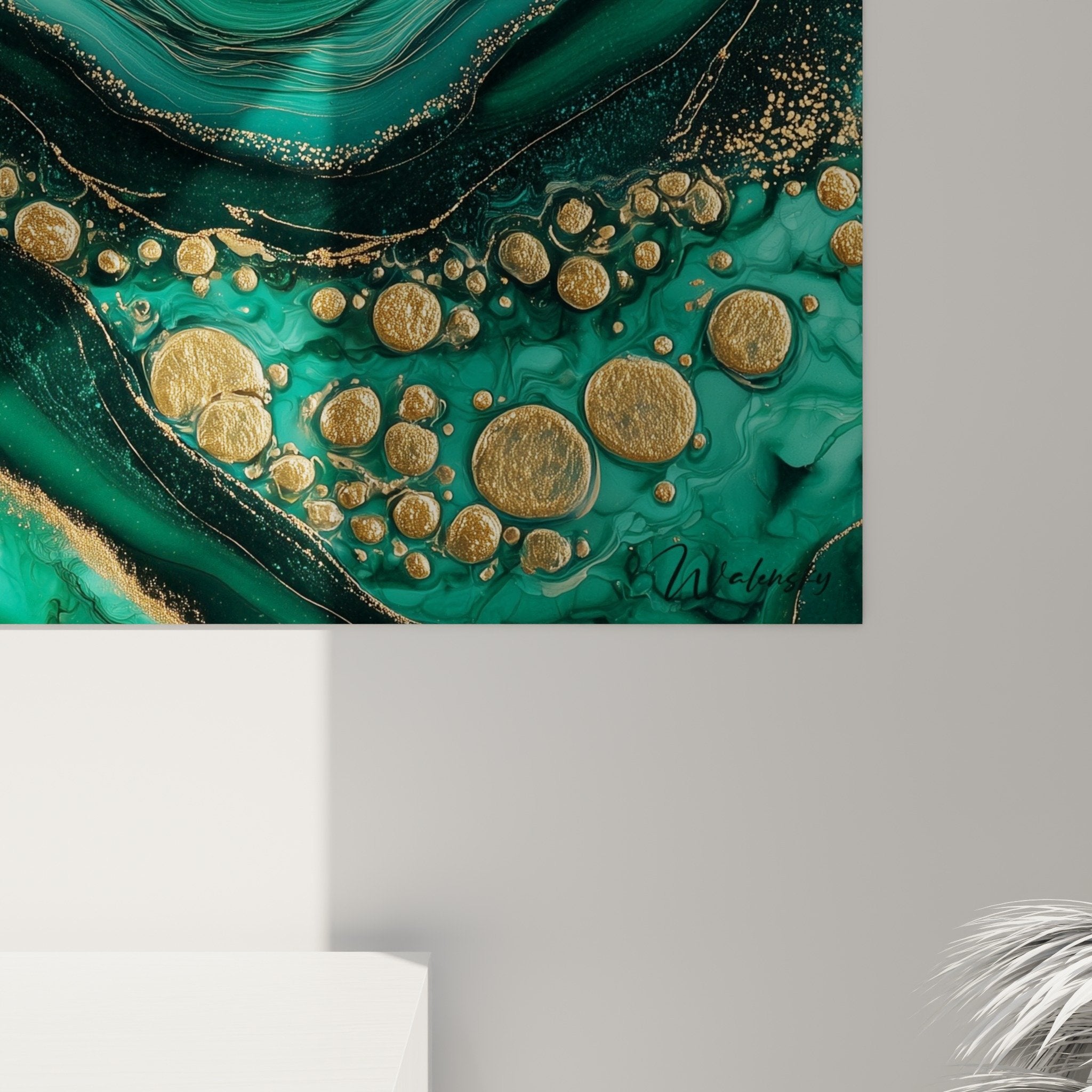 Vue ensemble tableau mural marbre abstrait vert integration decoration interieure moderne elegante