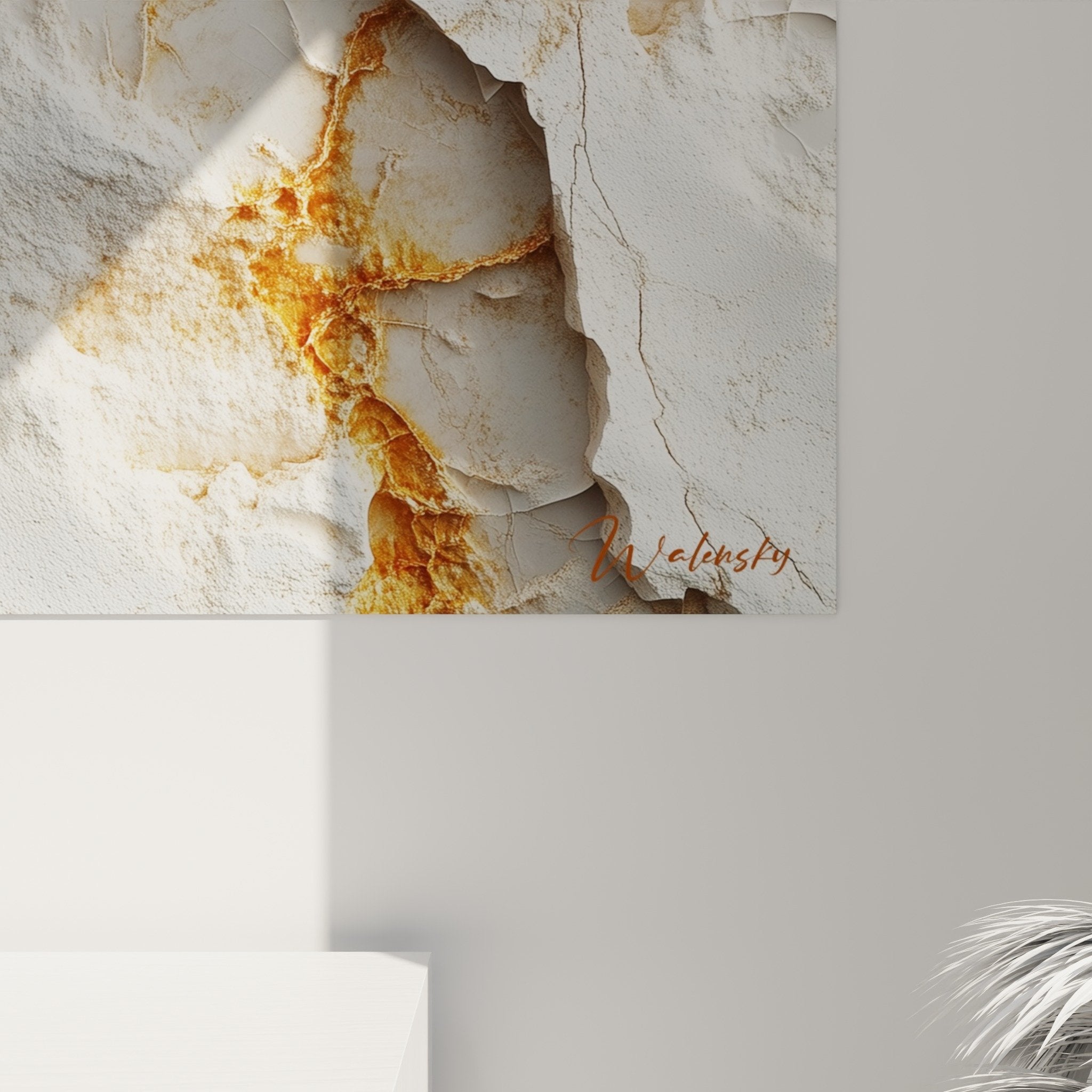 Vue ensemble tableau marbre abstrait blanc or decoration murale style contemporain mineral
