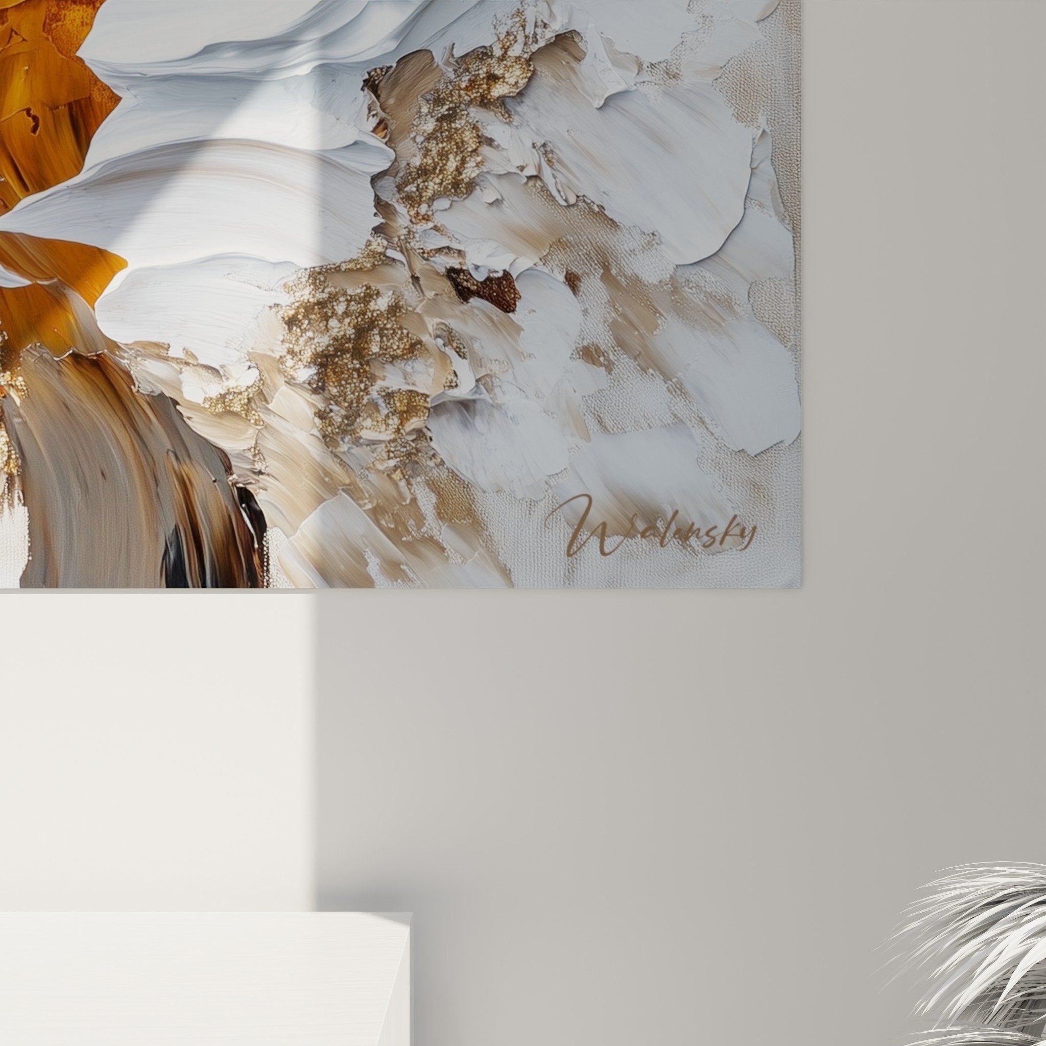 Vue perspective tableau marbre abstrait coulée or blanc relief sculptural mural