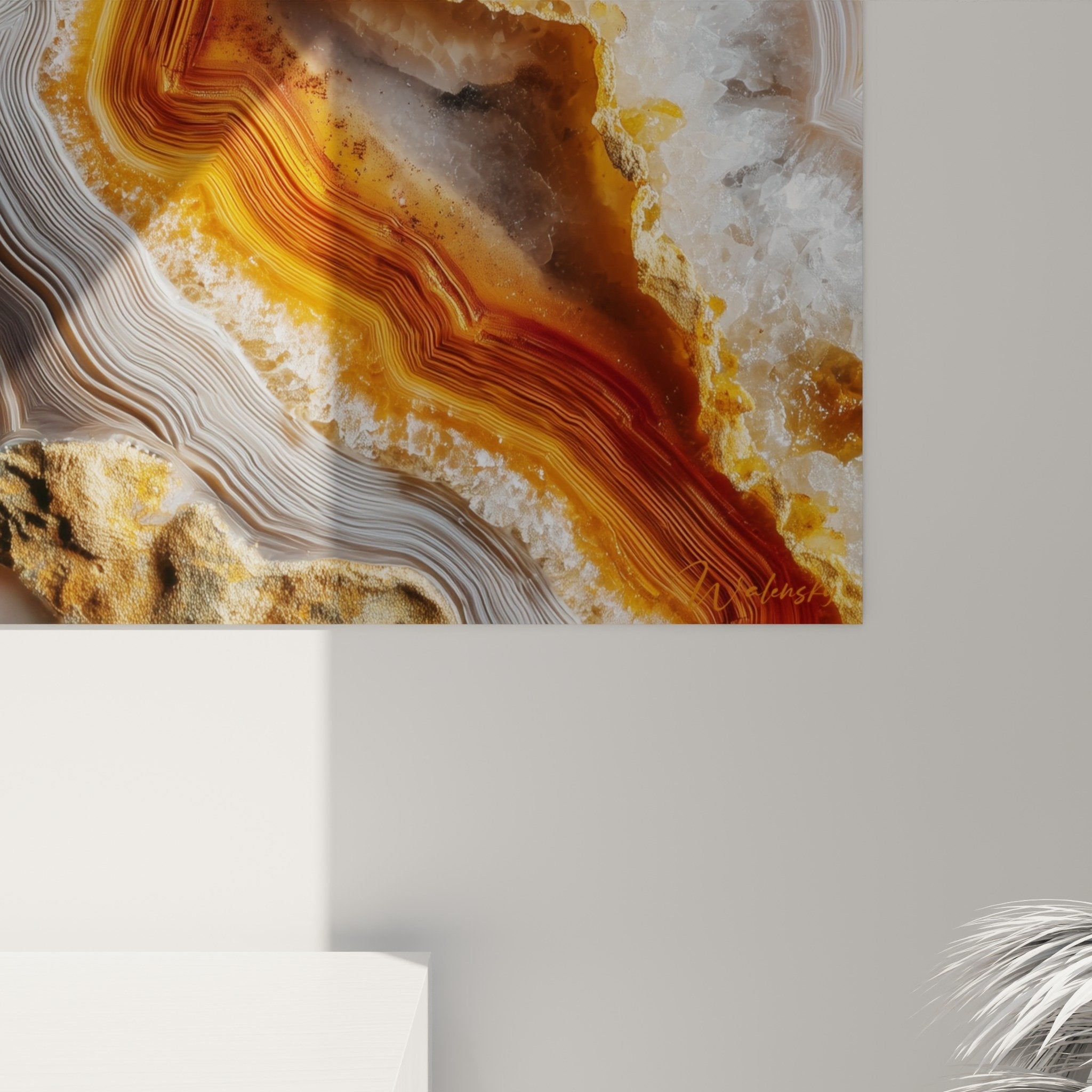 vue ensemble tableau marbre abstrait geode naturelle tons chauds orange decoration interieure