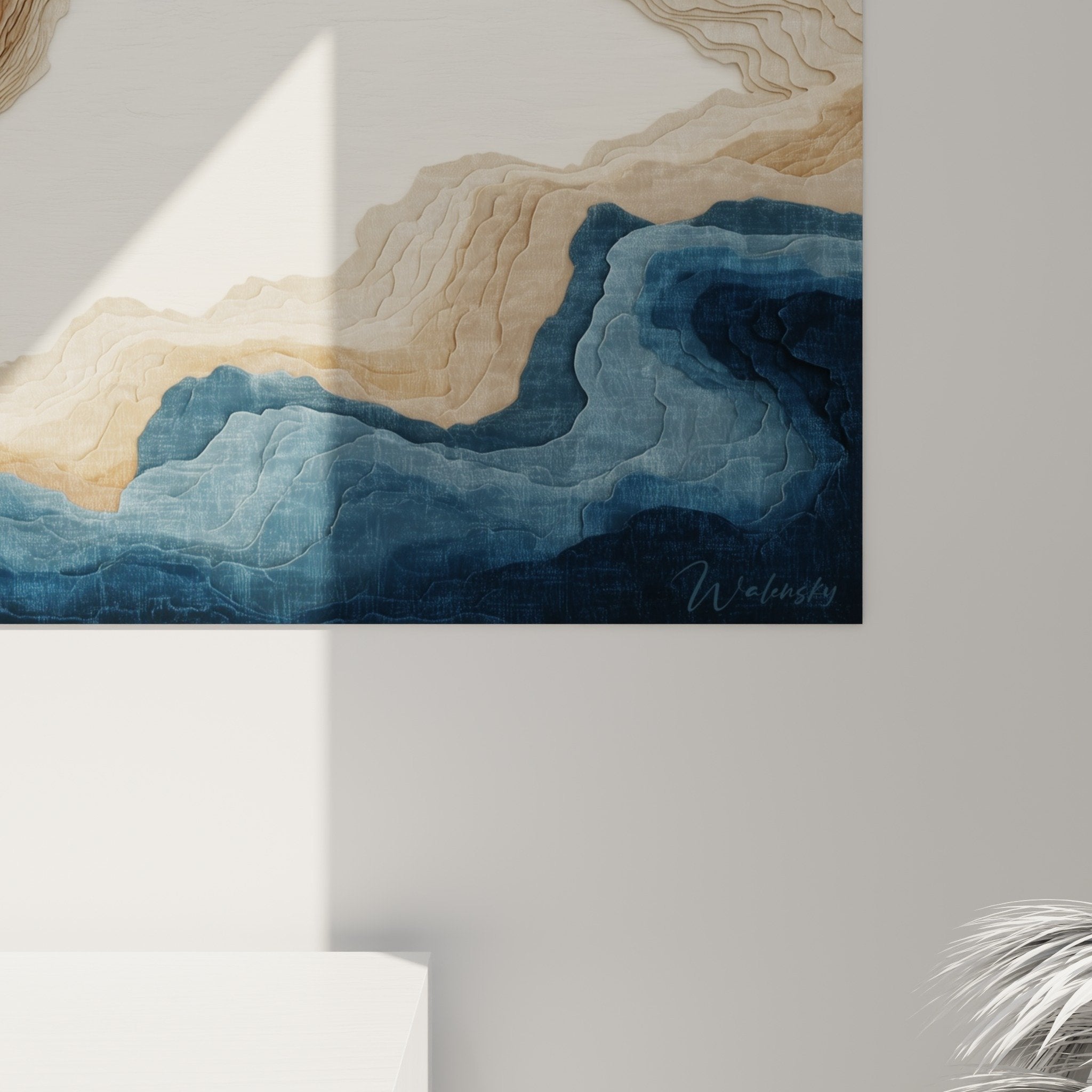 Vue ensemble tableau marbre abstrait mural, composition bleue blanche formations géologiques