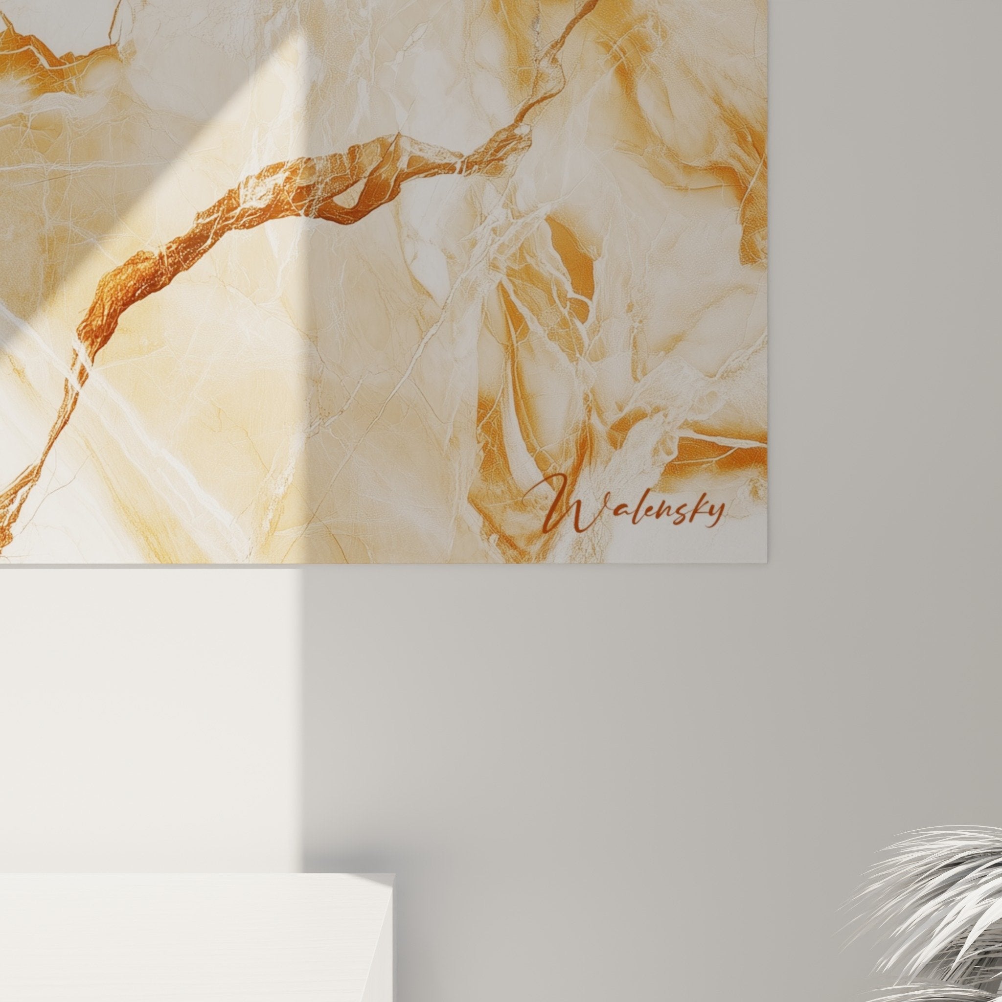 Vue perspective tableau marbre abstrait mural veines dorées décoration contemporaine
