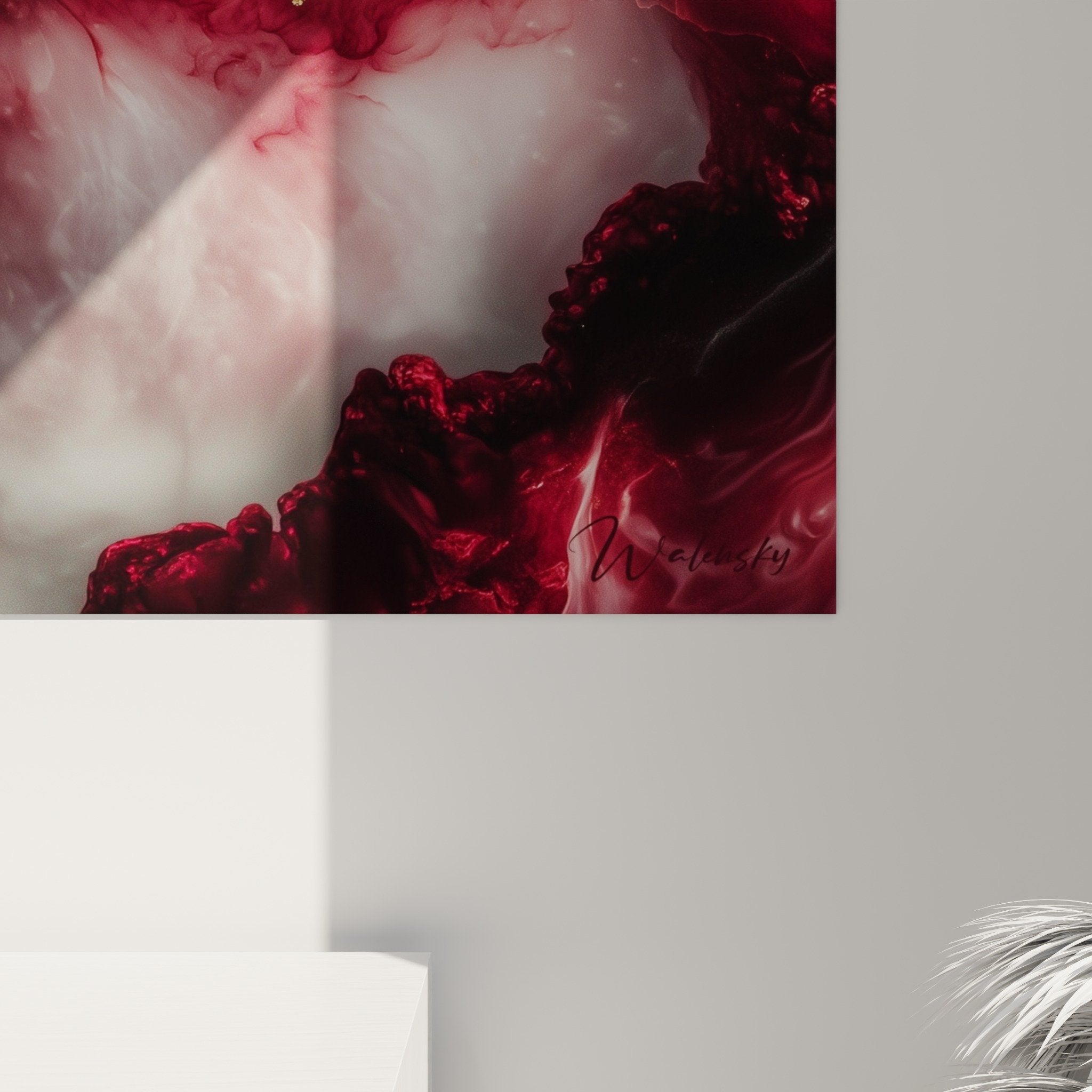 Vue ensemble tableau marbre abstrait rouge bordeaux - composition tourbillonnante