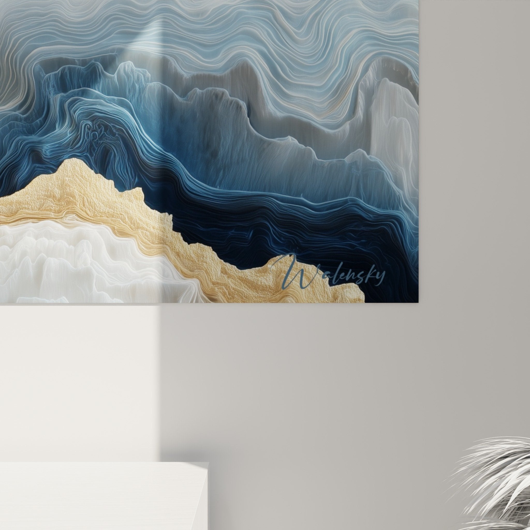 vue ensemble tableau marbre abstrait bleu dore salon moderne art contemporain decoration sophistiquee