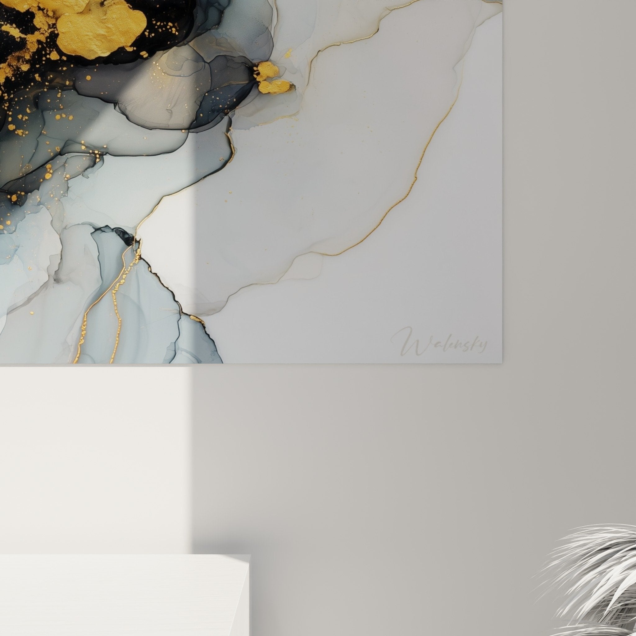 Vue ensemble tableau marbre abstrait mural salon decoration contemporaine