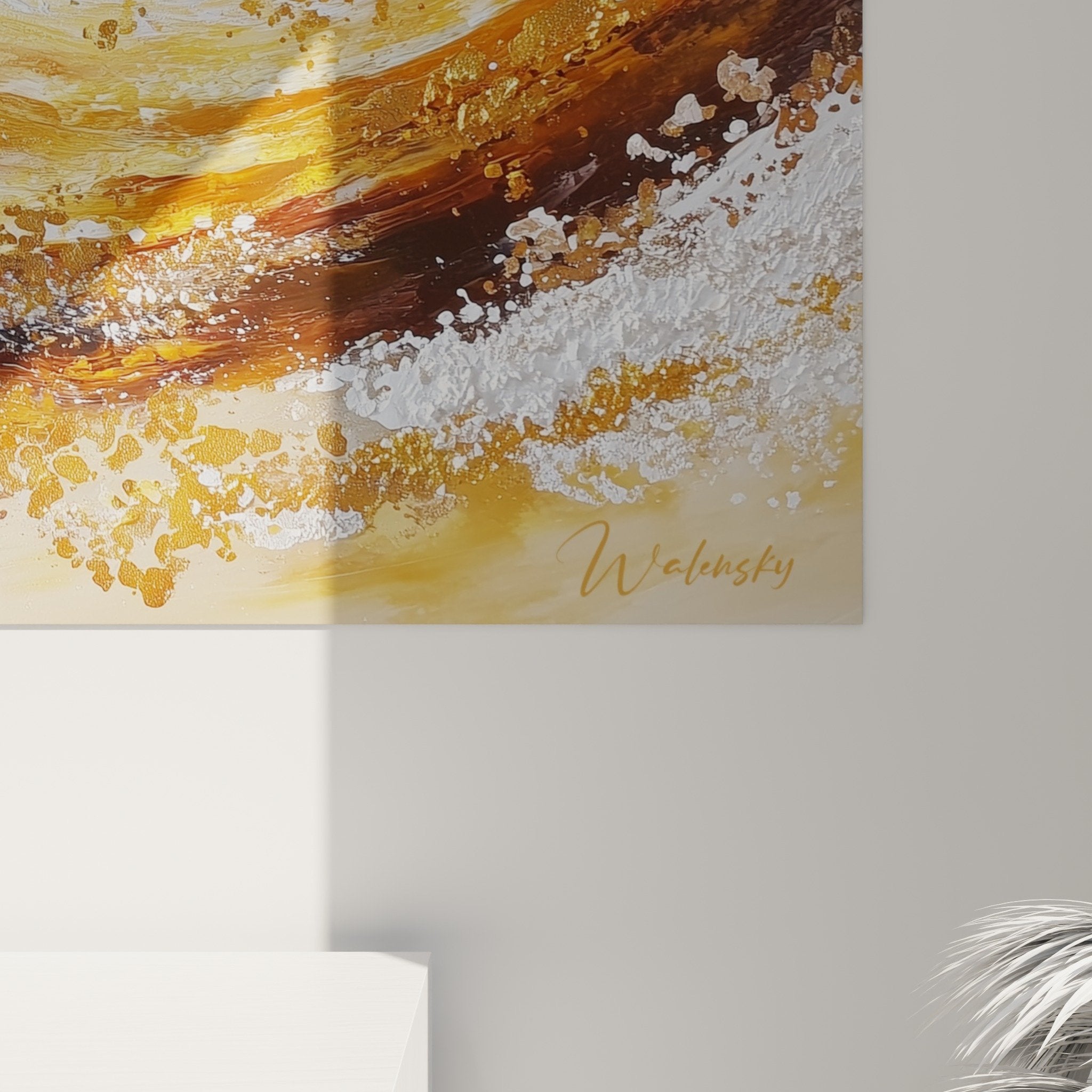 Vue ensemble tableau marbre abstrait spirale doree salon decoration murale tons chauds