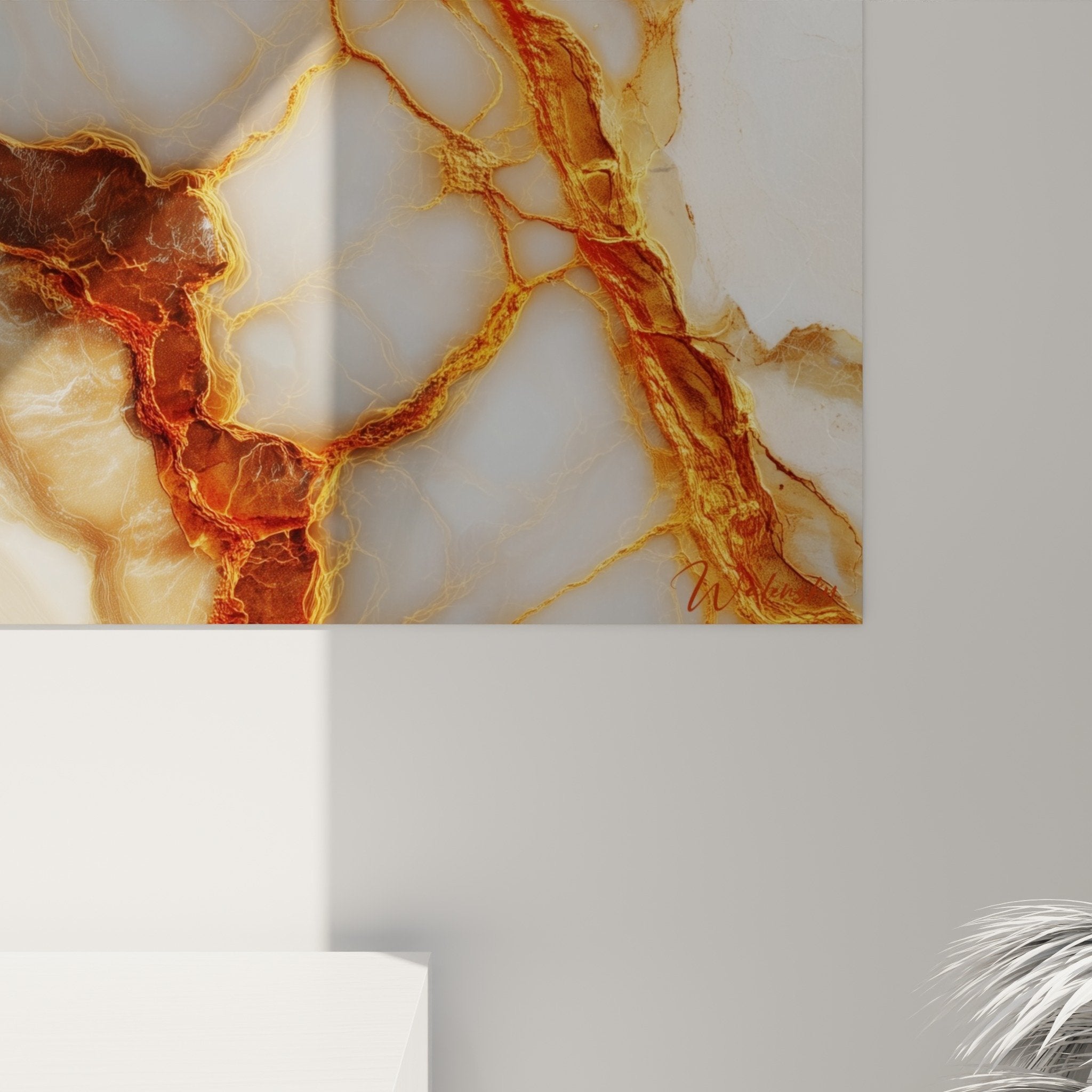 Vue perspective tableau marbre abstrait veines metalliques decoration interieur