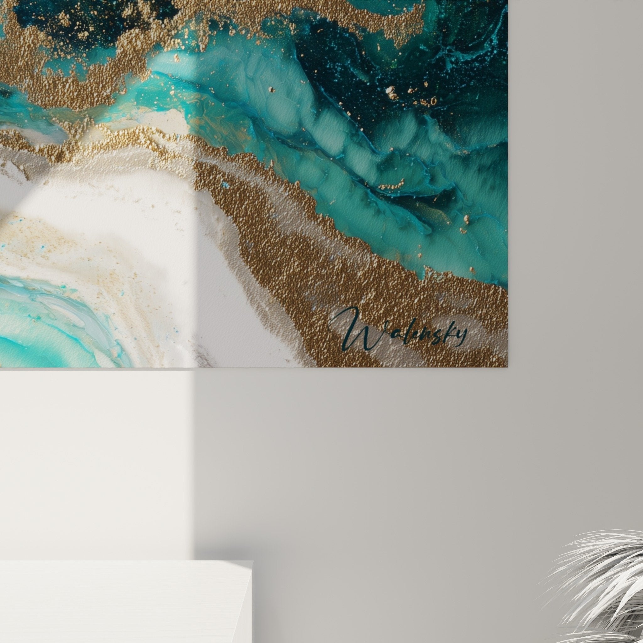 vue ensemble tableau marbre abstrait ocean turquoise dore salon moderne decoration murale