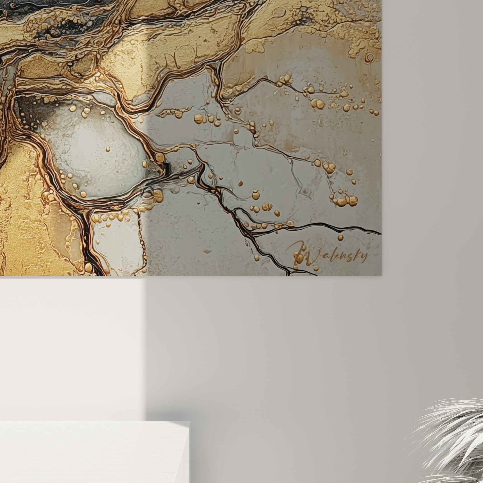Overall view abstract marble gold gray artwork contemporary living room feng shui decoration
