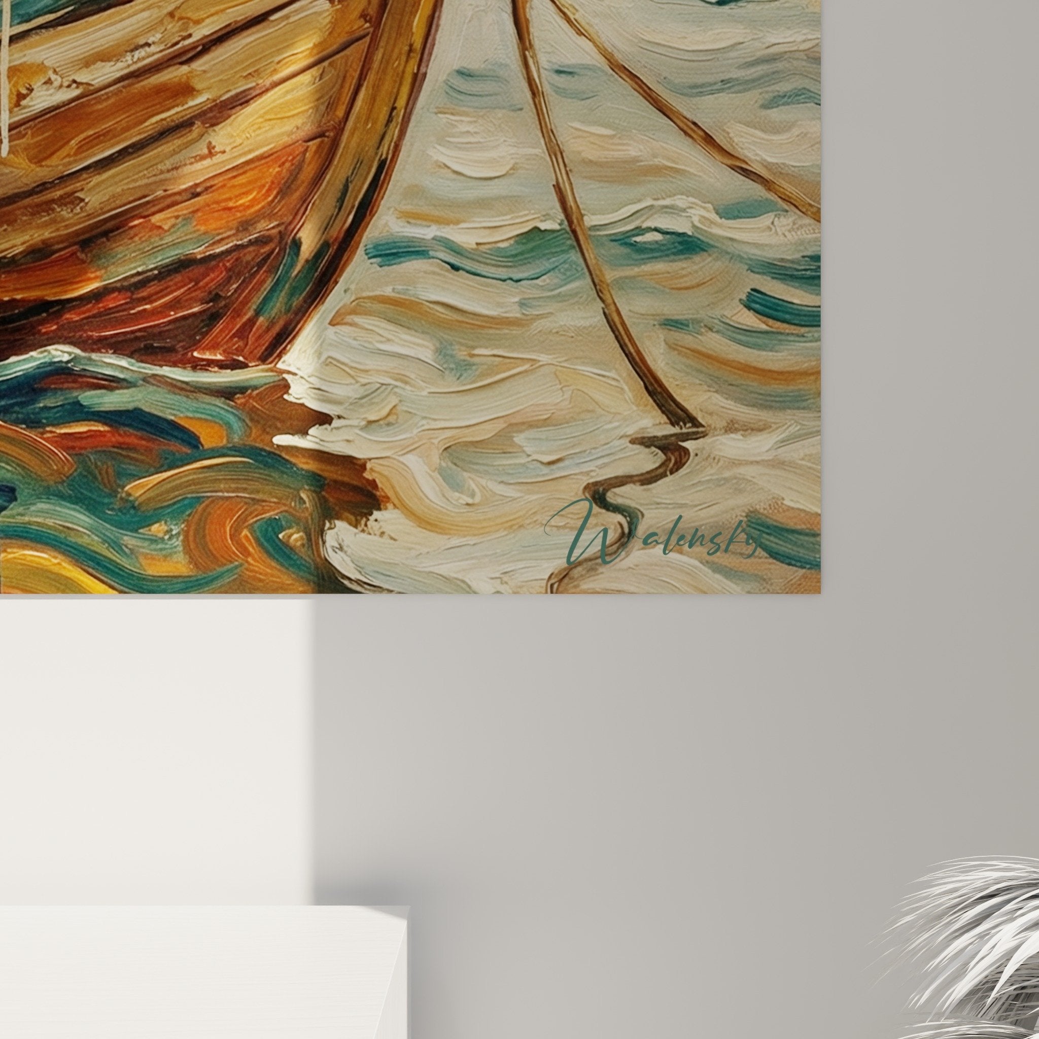 Full view of Landseer maritime painting on boat, ochre turquoise tones, authentic nautical atmosphere