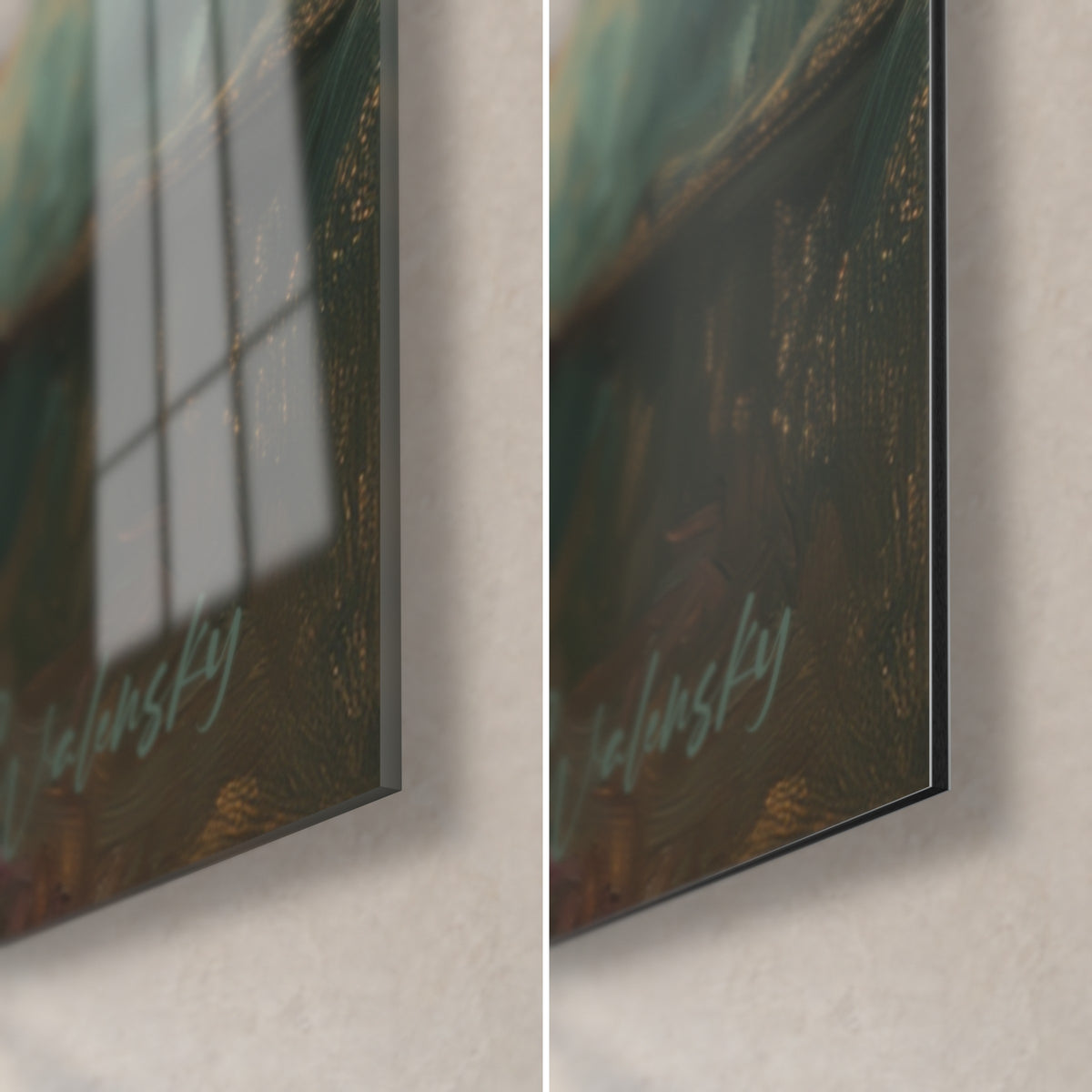 Wall art tawny and sage-green giant dog, lower right corner: glossy acrylic glass on the left, matte Dibond aluminium and edge on the right