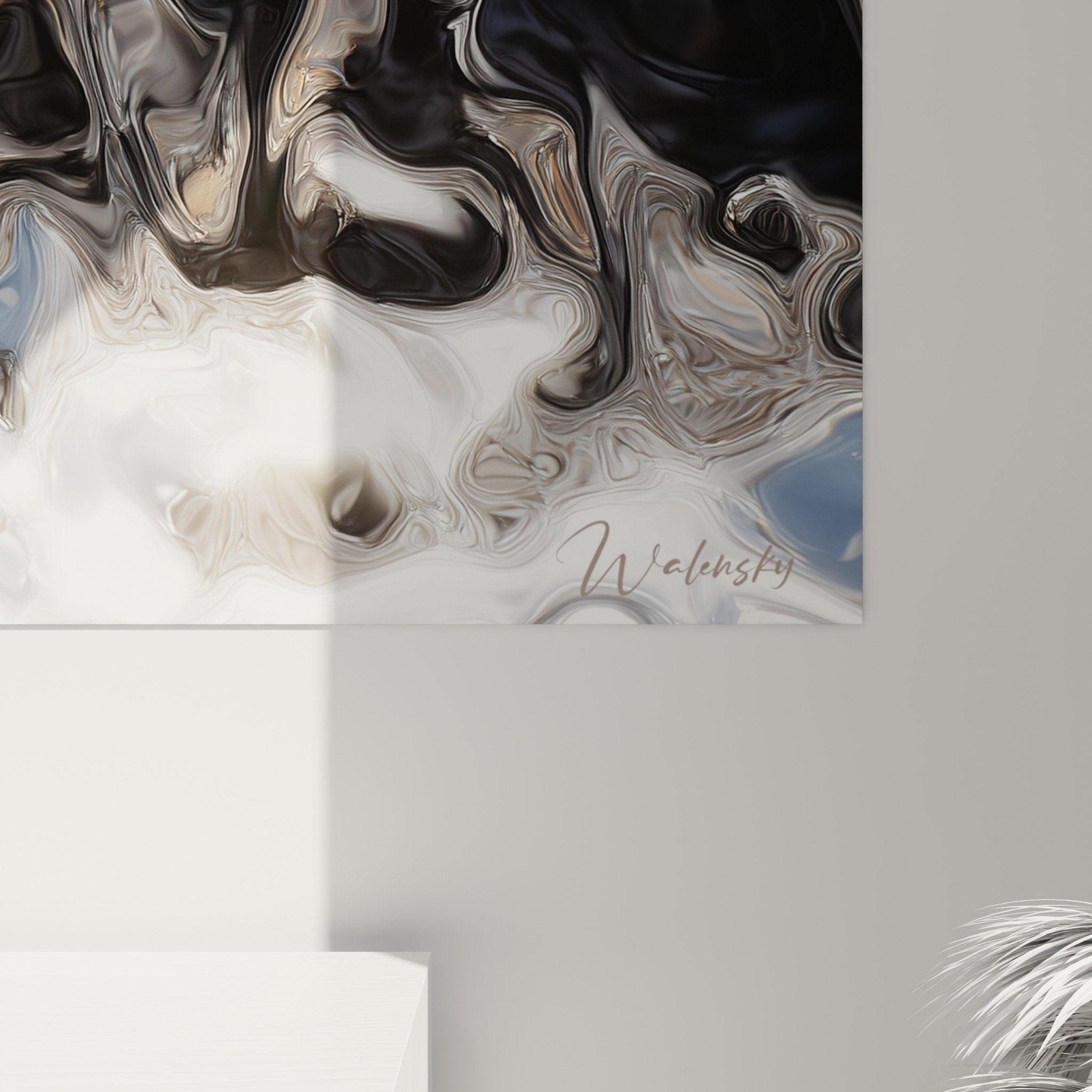 Abstract liquid metal silver black wall art panel modern living room feng shui west