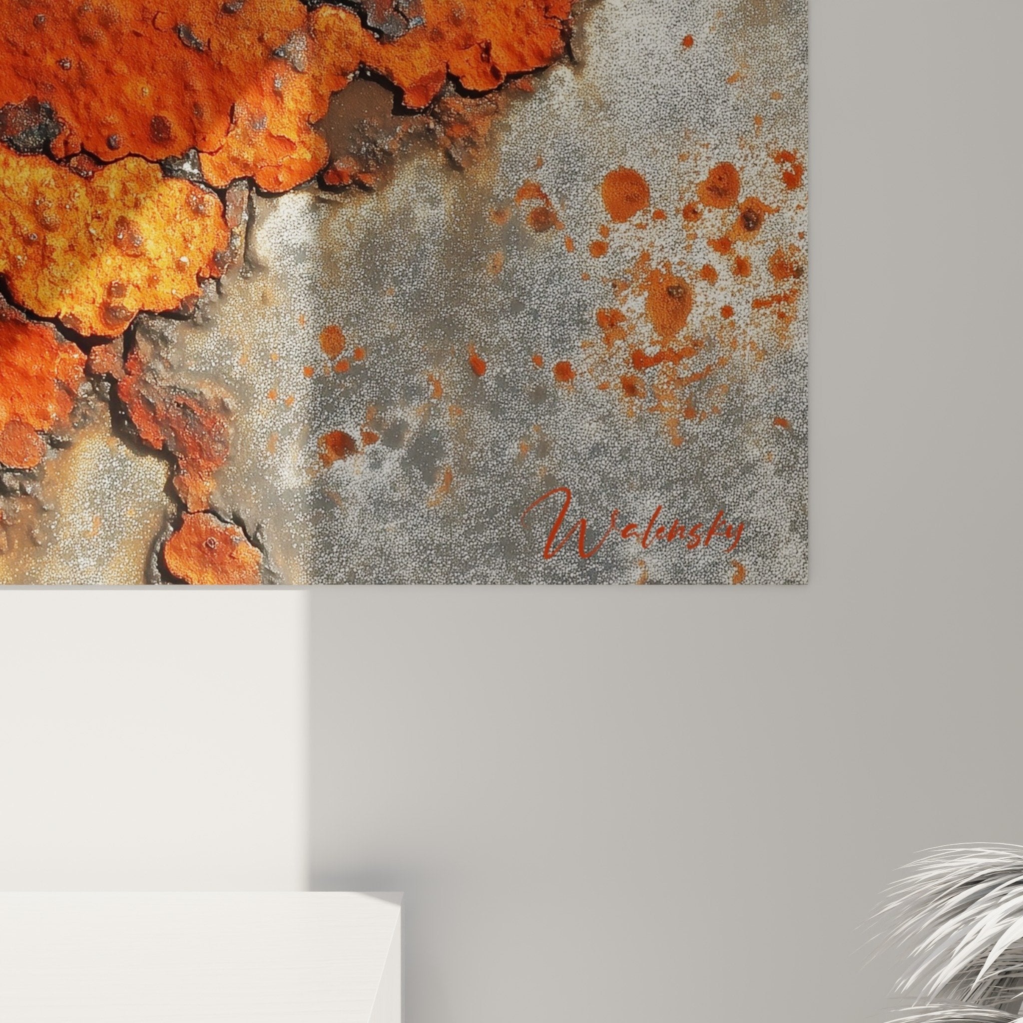 Full view oxidized rusty orange metal wall art modern interior decoration feng shui south fire element