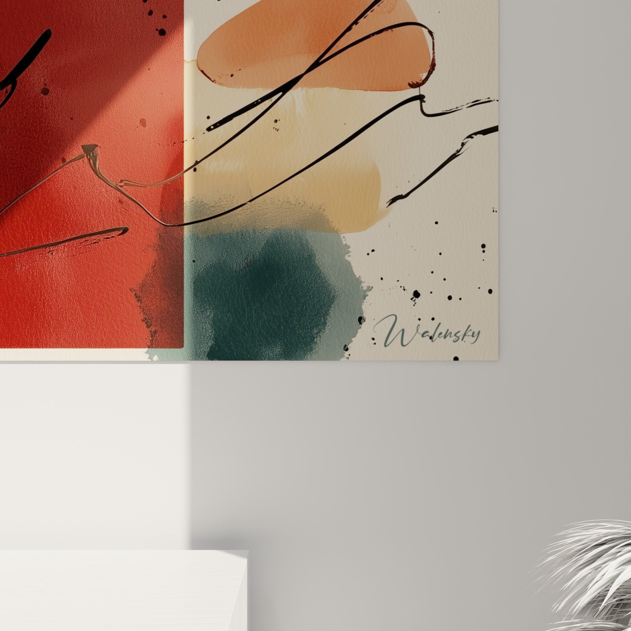Abstract modern burgundy ochre painting living room feng shui southwest earth decor overview