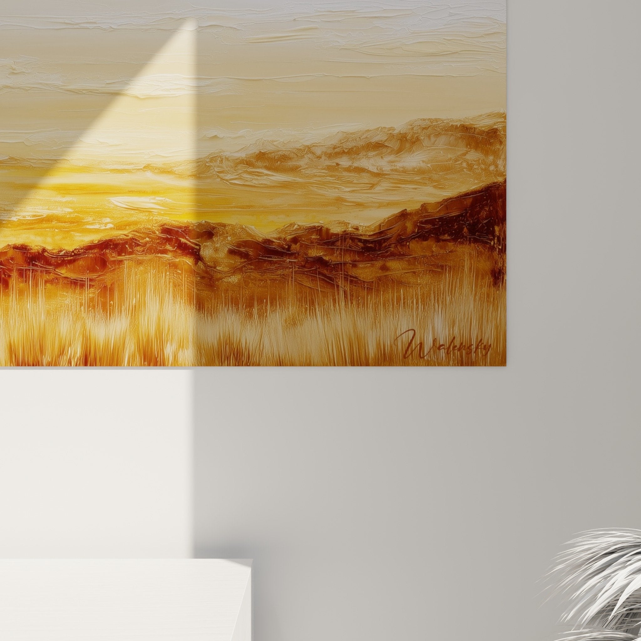 Vue ensemble tableau montagne ocre beige decoration interieur feng shui centre terre paysage zen