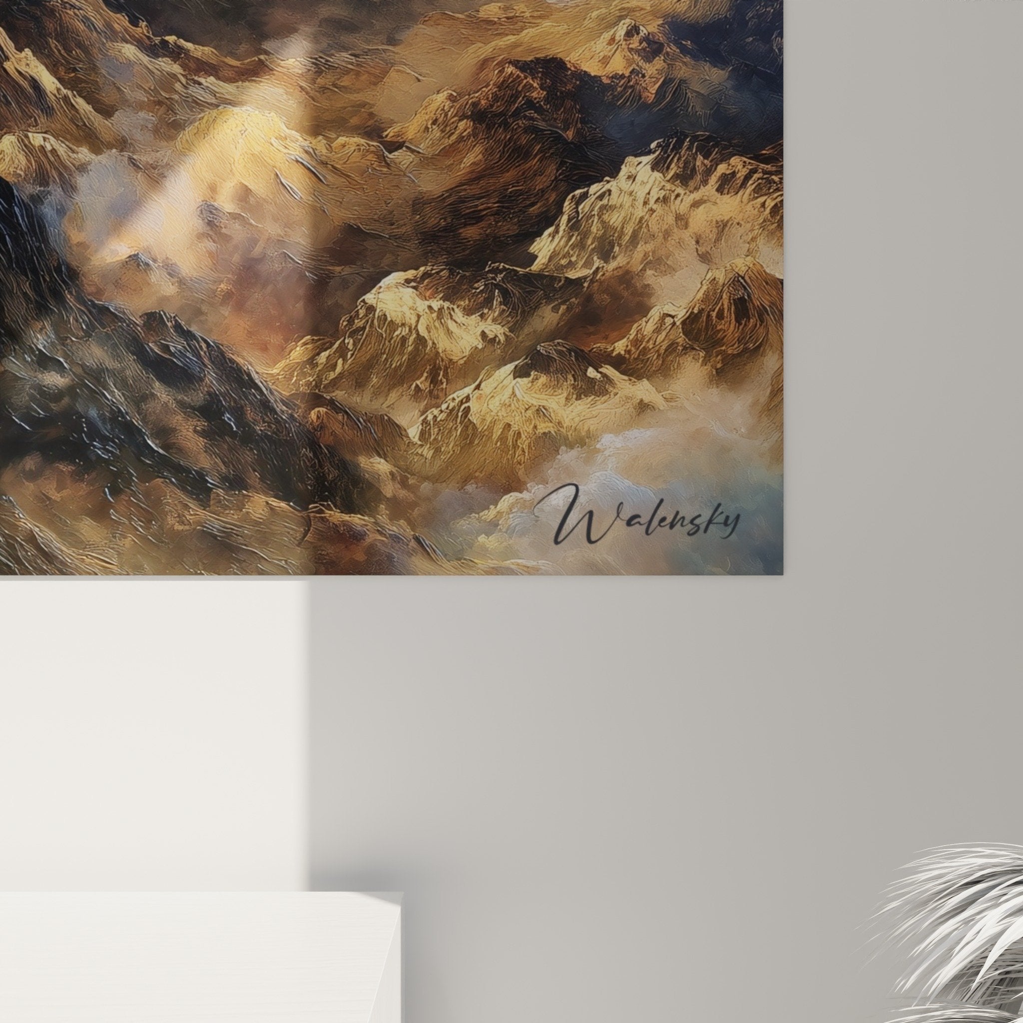 Full view mountain painting fiery sky wall art warm tones feng shui decor