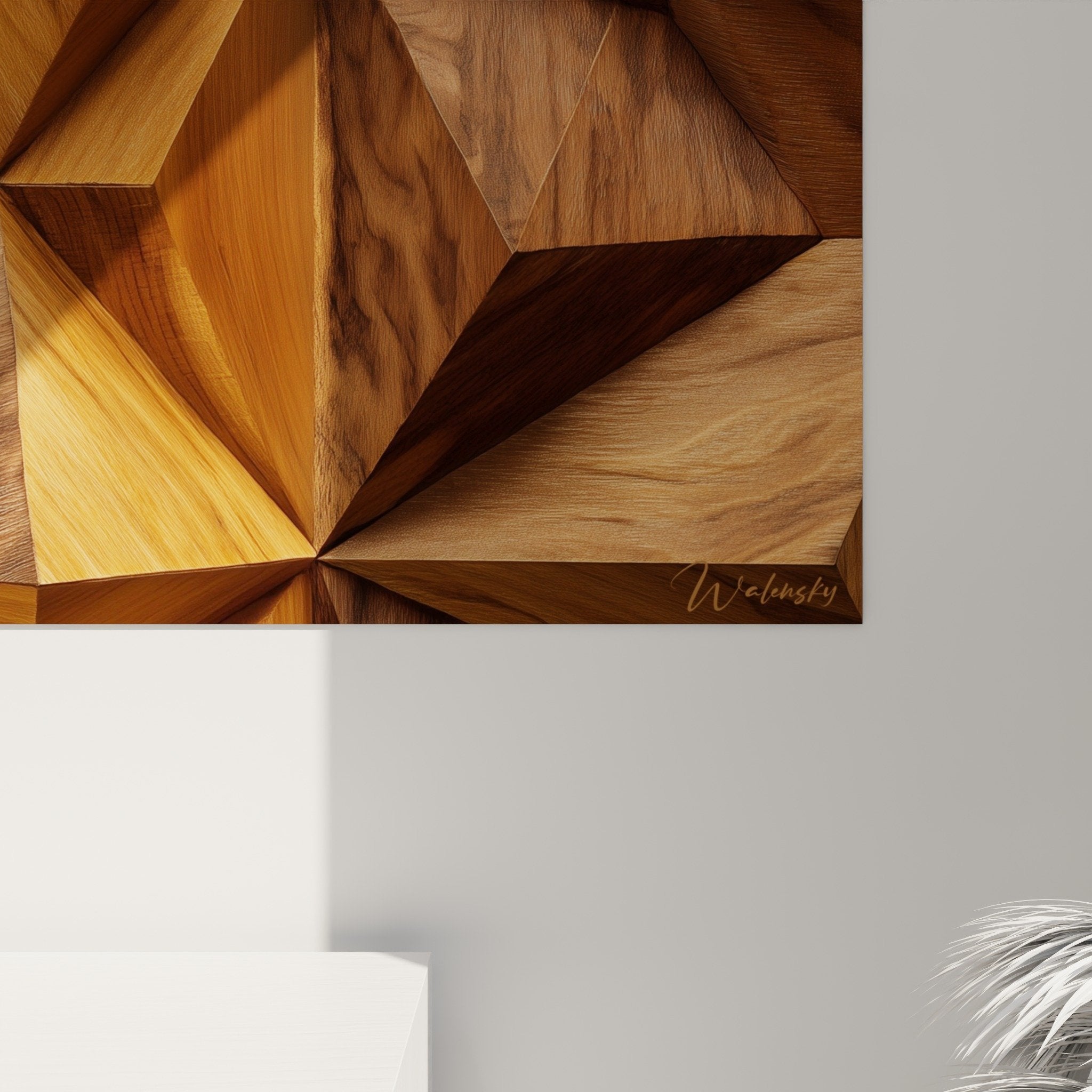Vue ensemble tableau mosaique geometrique bois tons chauds decoration murale feng shui est bois