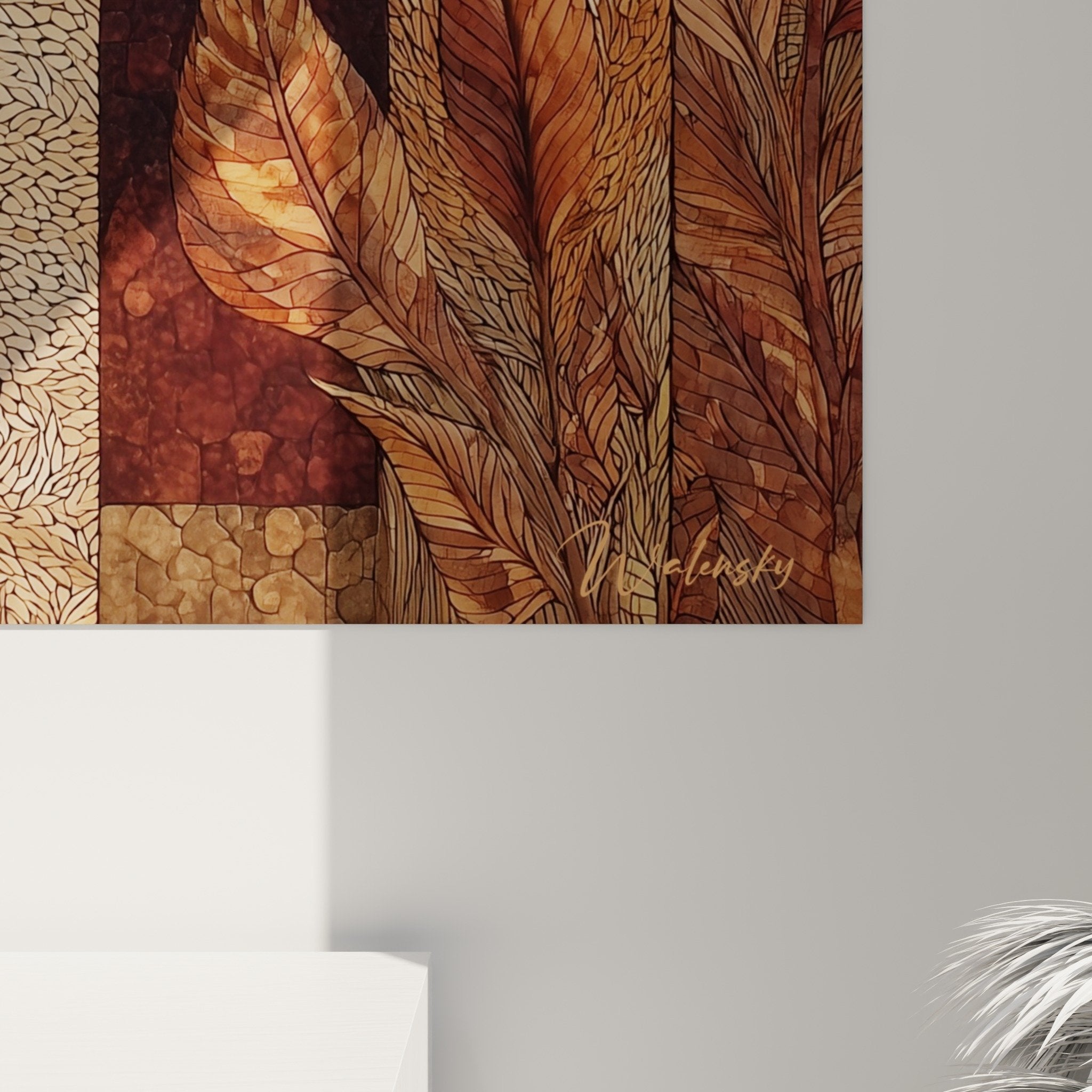 Vue ensemble tableau mosaique lion composition artistique fragmentee tons terreux decoration