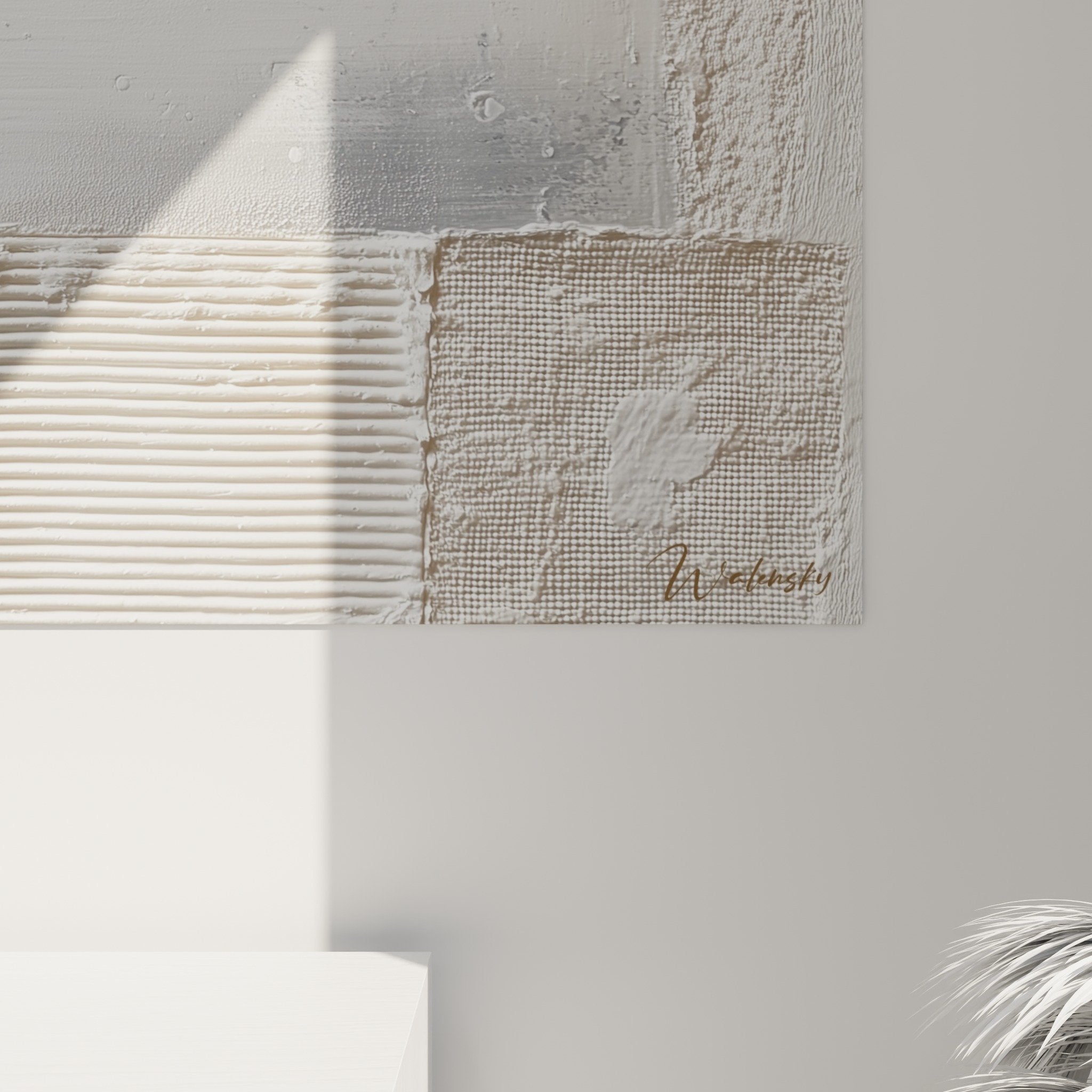 vue ensemble tableau mosaique textures blanches beiges relief mural decoration interieur feng shui