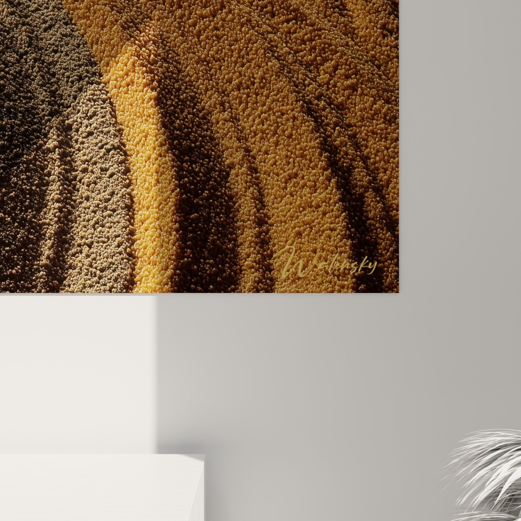 Overall view of geometric sand pattern wall art with golden spirals mineral zen wall decoration