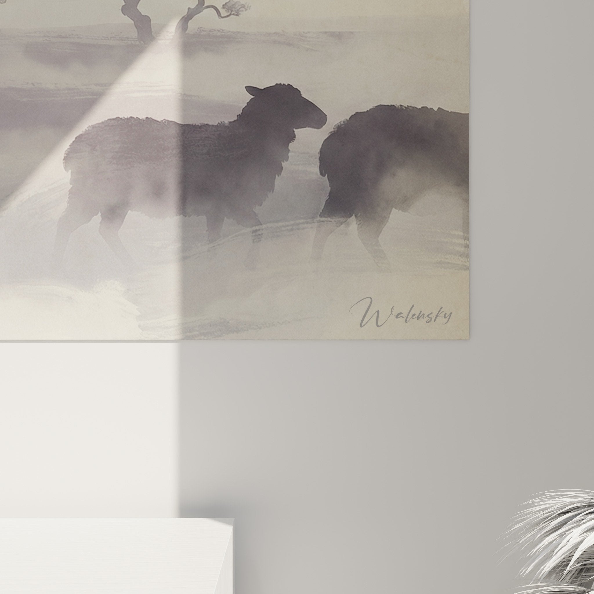 Full view of Mudi shepherd white dog herding flock misty landscape natural tones panoramic composition