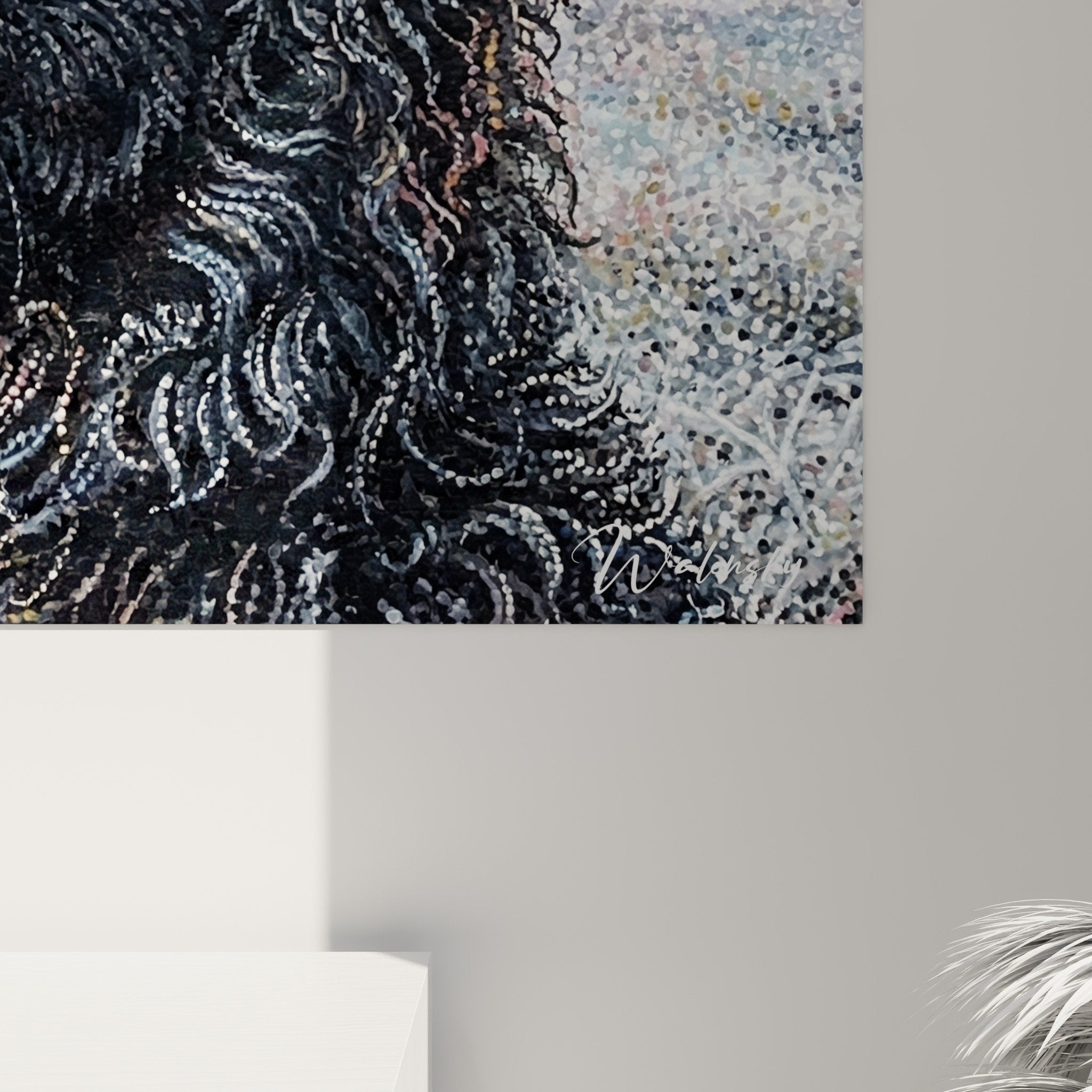 Overall view of Mudi dog black canvas painting spider web soft morning ambiance