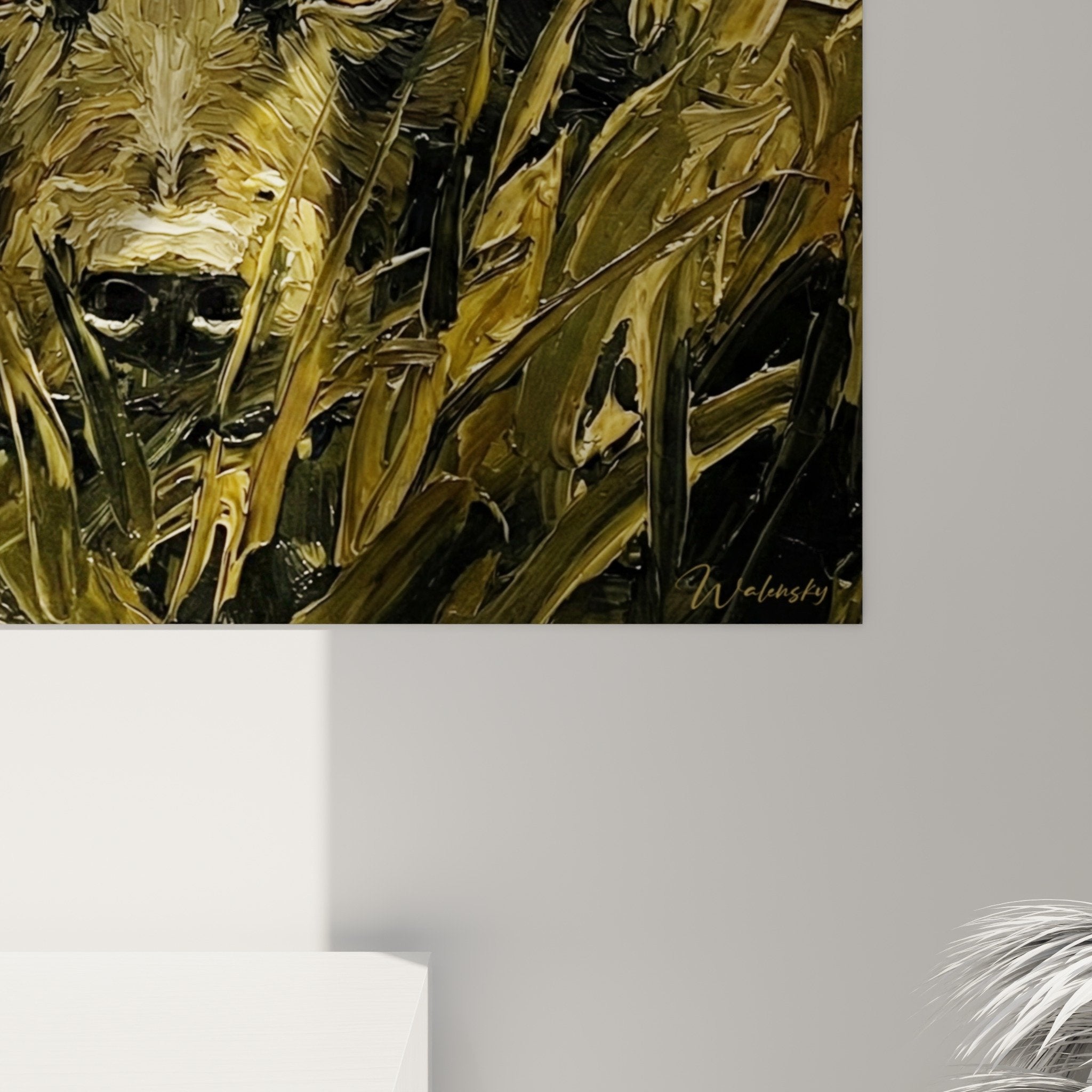 Vue ensemble tableau Mudi tons ocre herbes dorées decoration interieur naturel