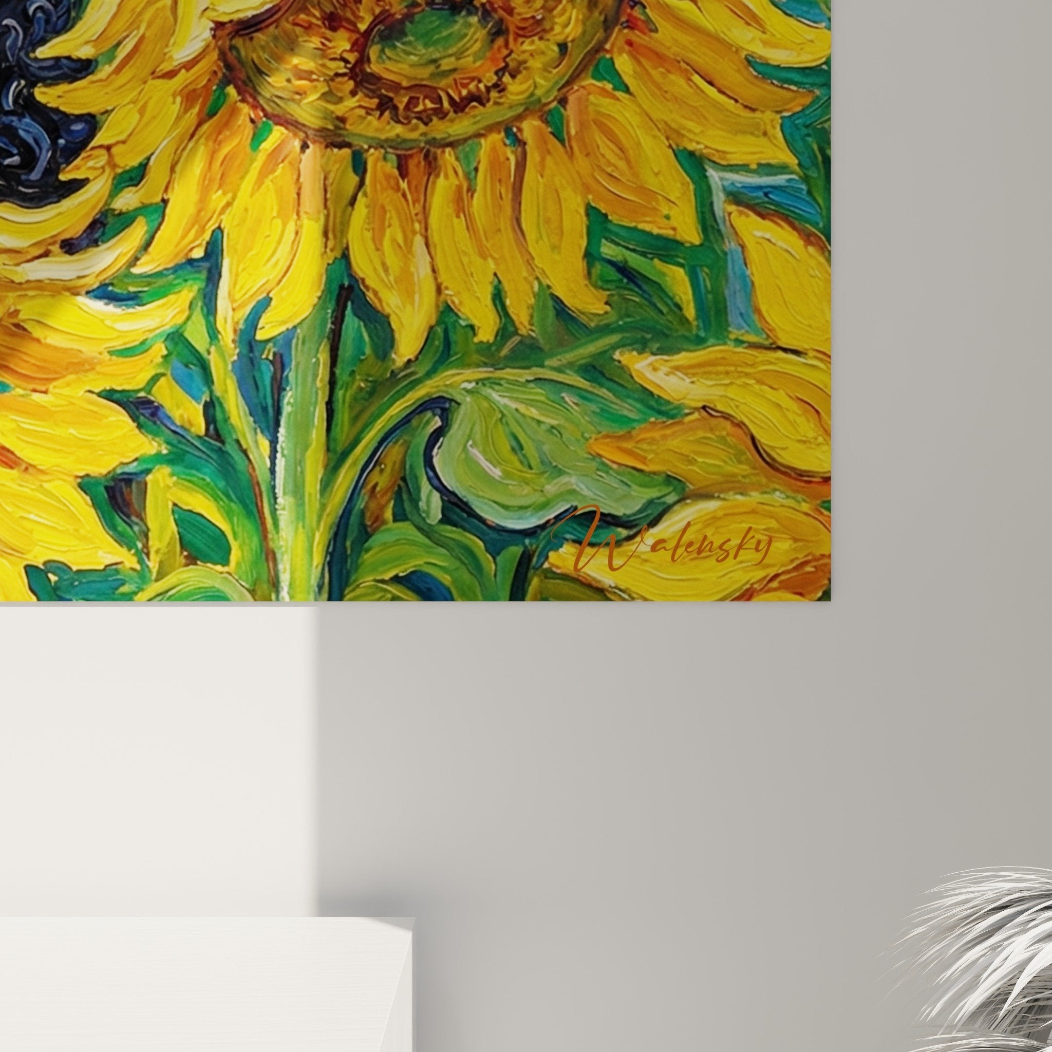 vue ensemble tableau mudi tournesols impressionniste décoration murale salon ambiance solaire chaleureuse