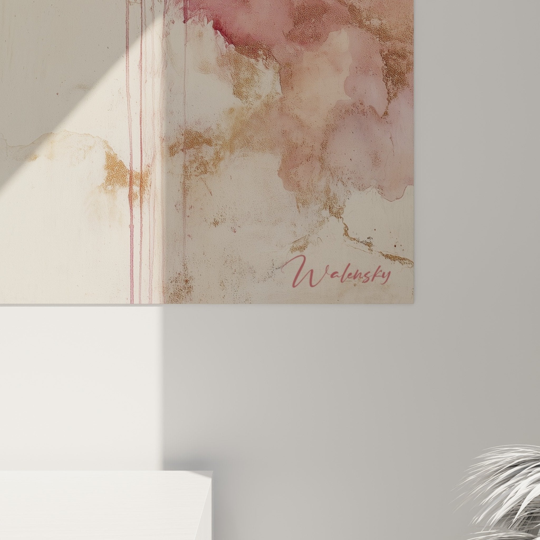 Abstract wall art painting in pink and gold tones serene ambiance feng shui southwest earth decor