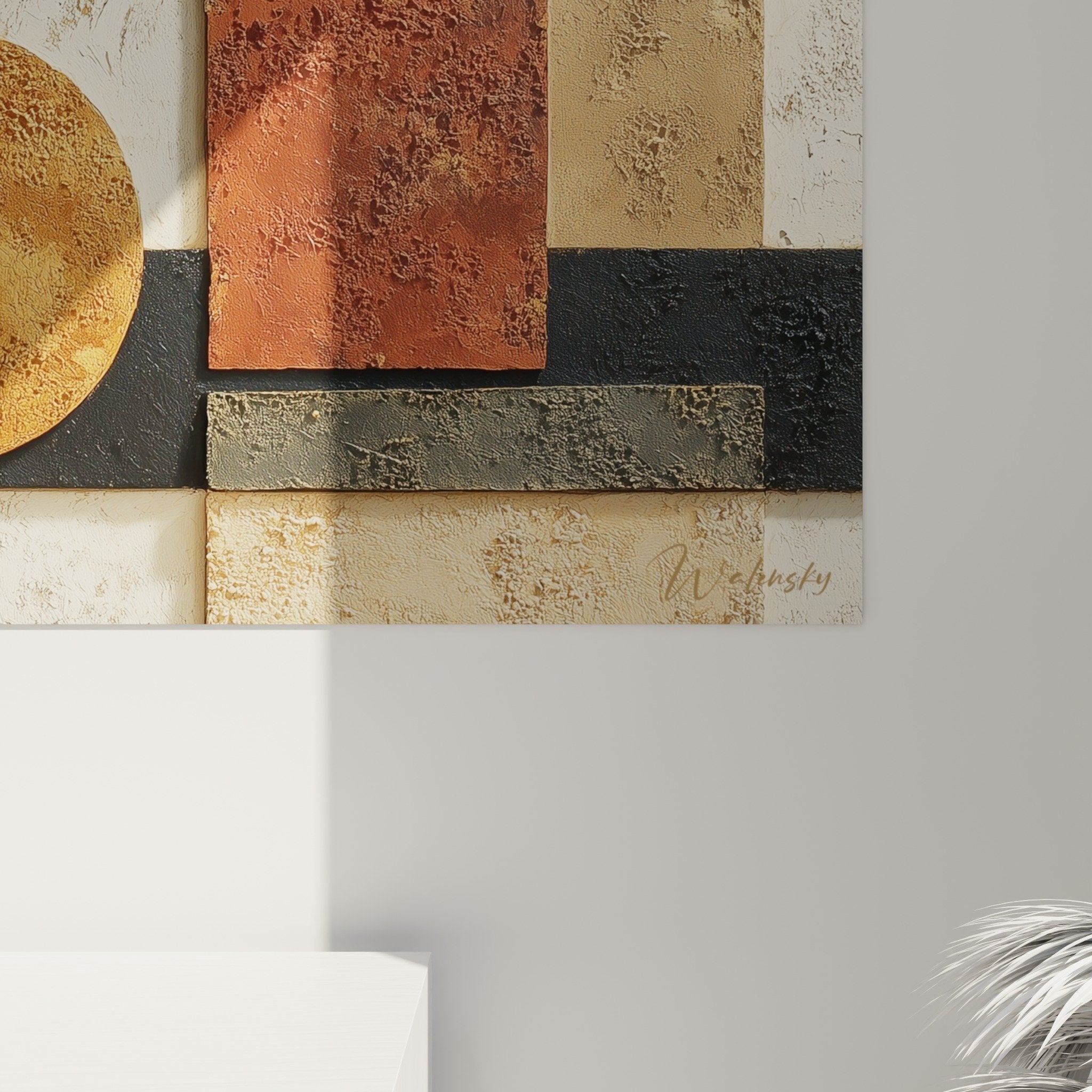Vue ensemble tableau mural abstrait terreux salon decoration feng shui harmonie tons naturels ocre